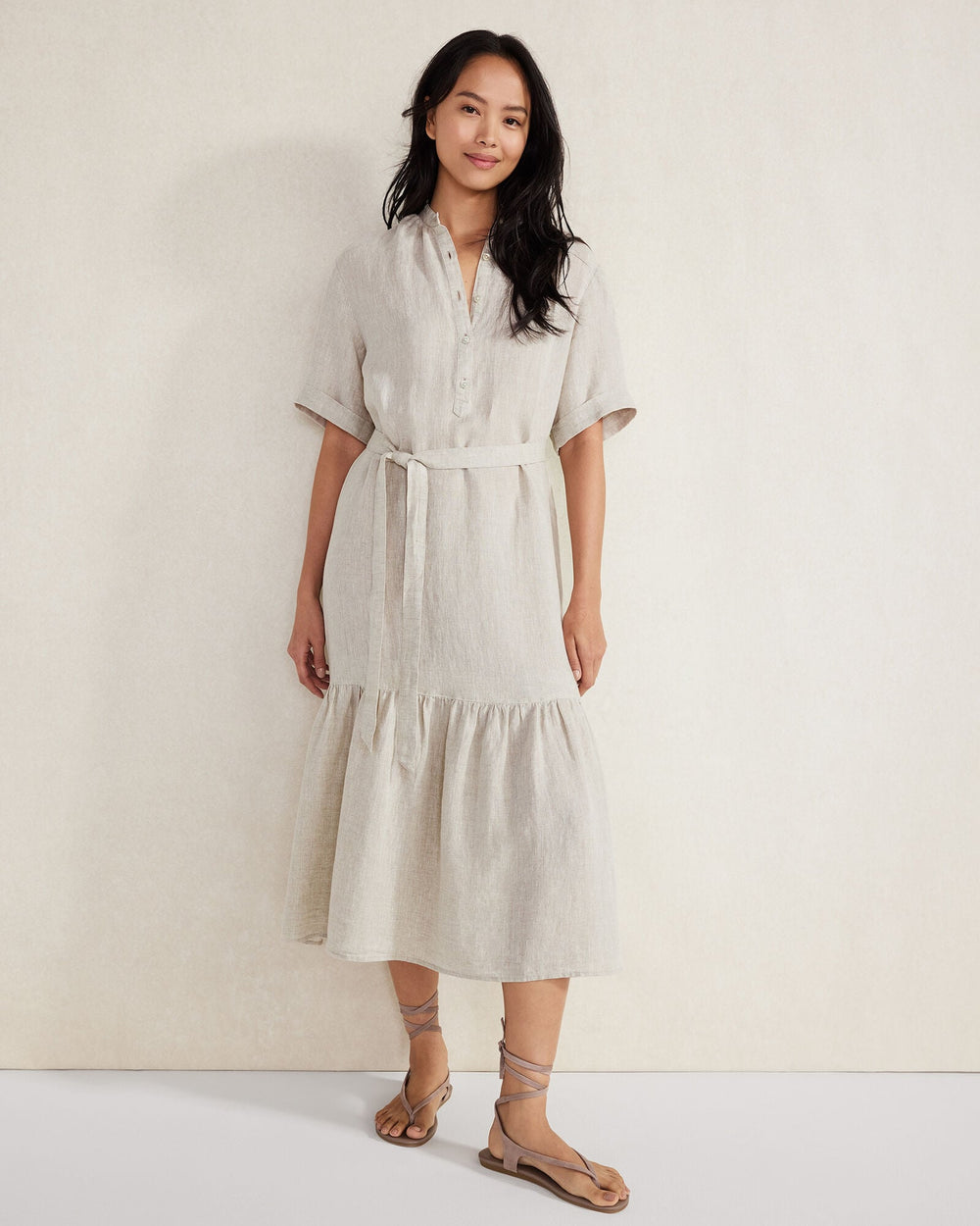 OATMEAL CROSS DYE|THYME CROSS DYE LINEN TIERED MIDI DRESS | Talbots discount