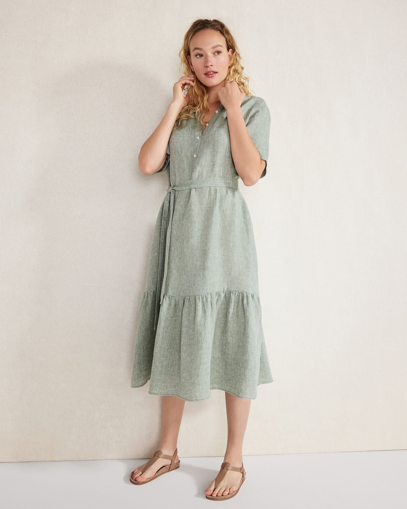 OATMEAL CROSS DYE|THYME CROSS DYE LINEN TIERED MIDI DRESS | Talbots discount