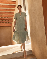 OATMEAL CROSS DYE|THYME CROSS DYE LINEN TIERED MIDI DRESS | Talbots discount