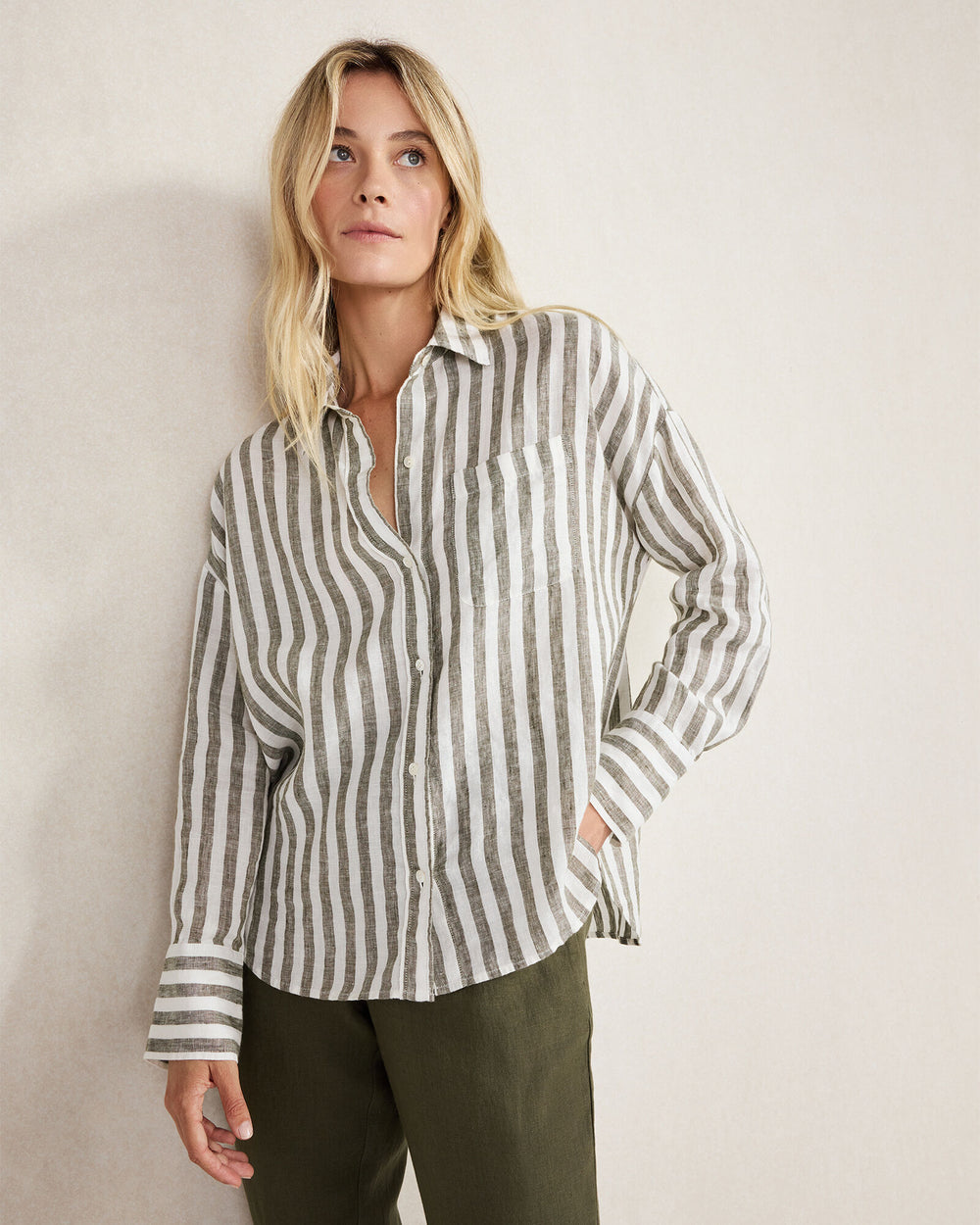 OLIVE/IVORY|WIND/IVORY LINEN STRIPED BOXY SHIRT | Talbots discount