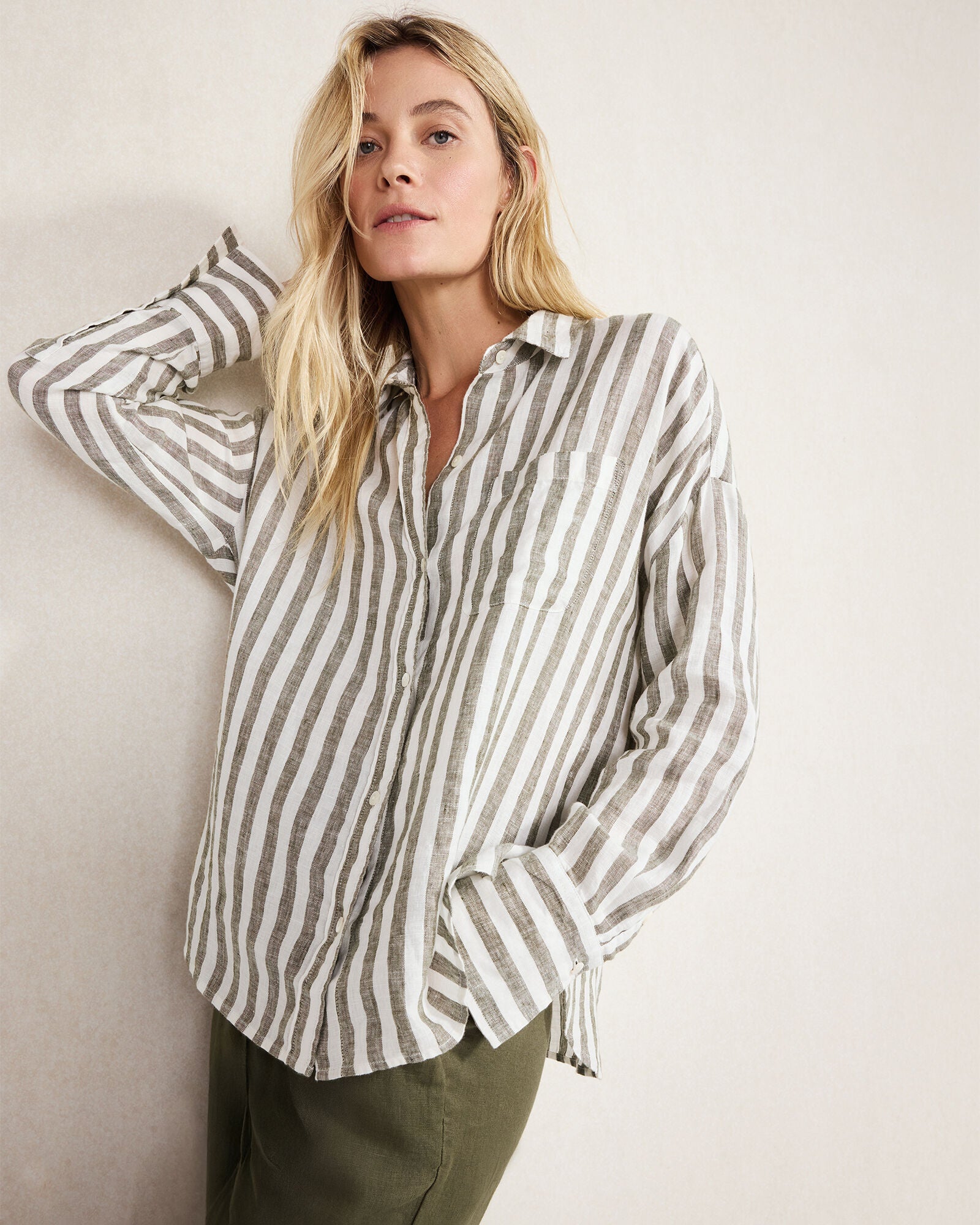 OLIVE/IVORY|WIND/IVORY LINEN STRIPED BOXY SHIRT | Talbots discount