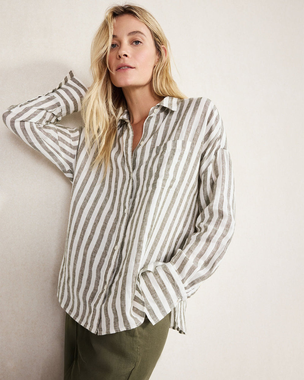 OLIVE/IVORY|WIND/IVORY LINEN STRIPED BOXY SHIRT | Talbots US