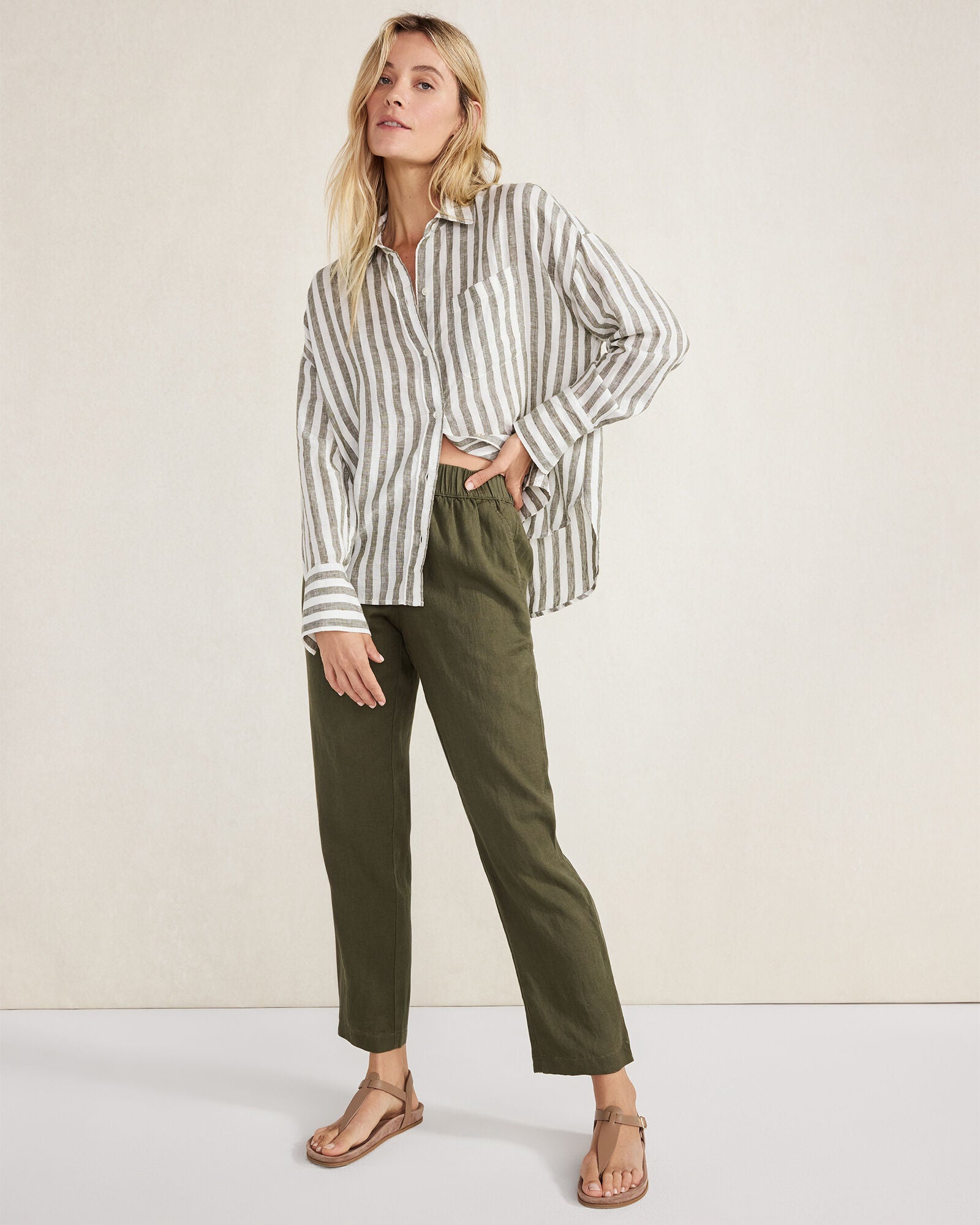 OLIVE/IVORY|WIND/IVORY LINEN STRIPED BOXY SHIRT | Talbots discount