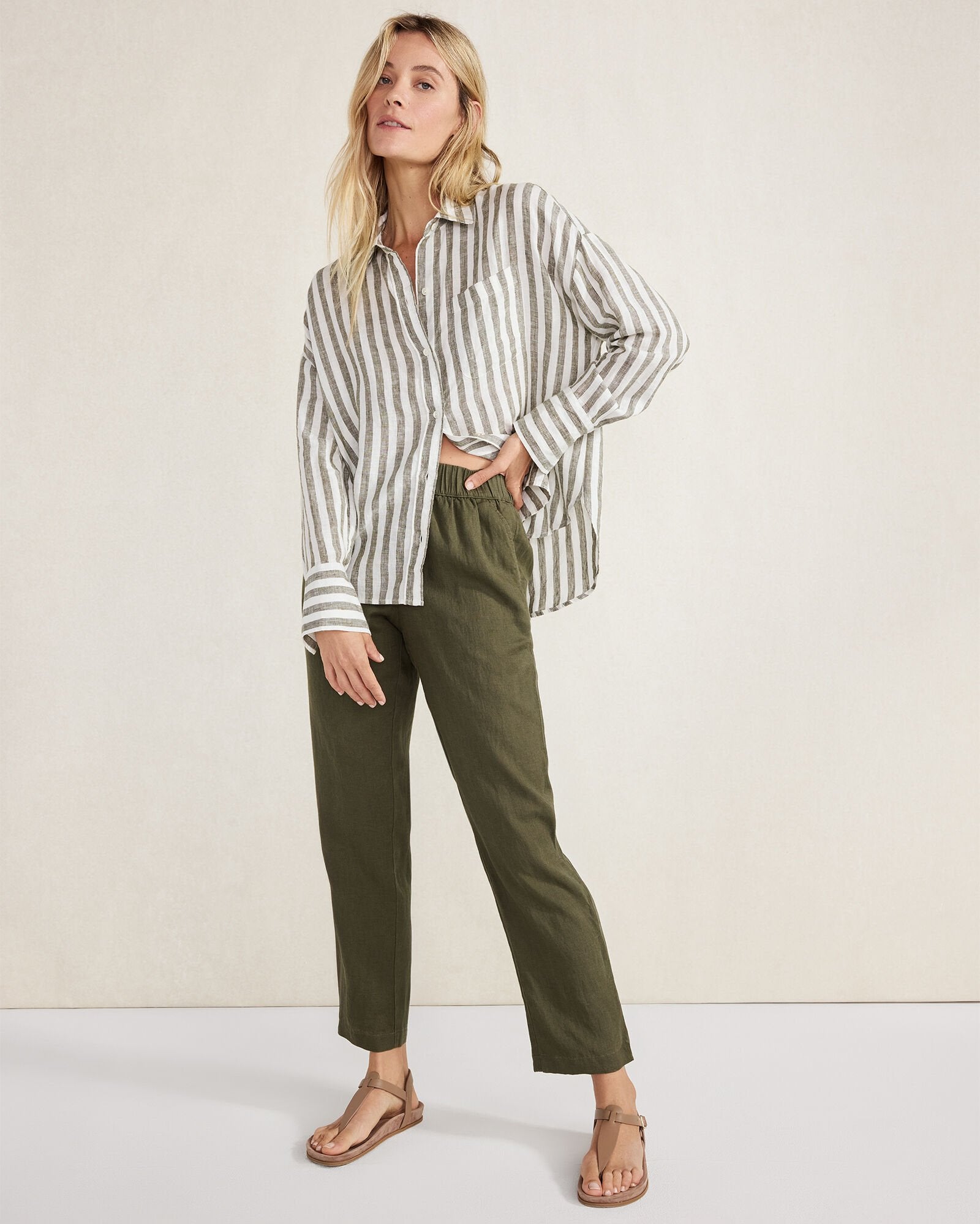 OLIVE/IVORY|WIND/IVORY LINEN STRIPED BOXY SHIRT | Talbots US