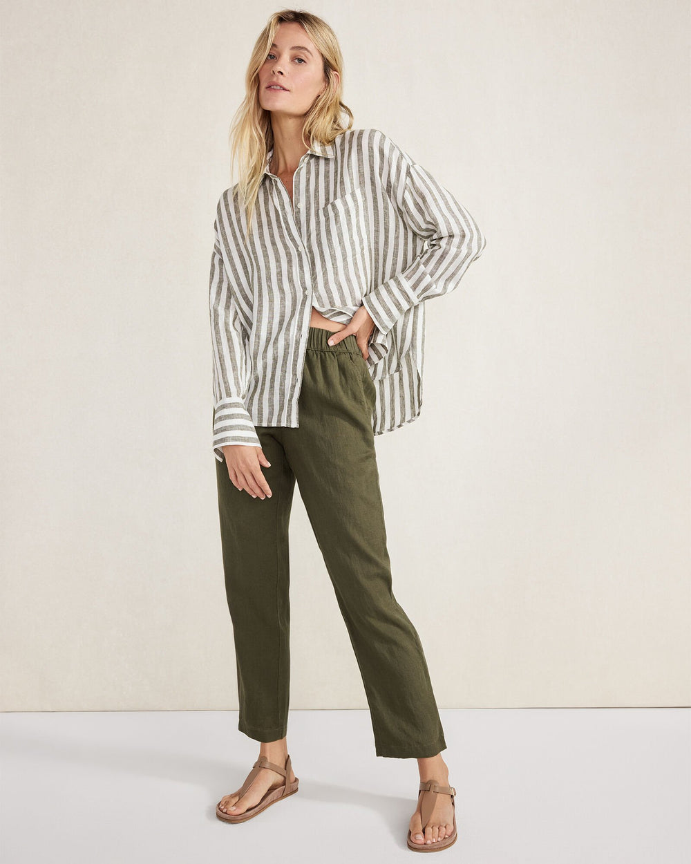 OLIVE/IVORY|WIND/IVORY LINEN STRIPED BOXY SHIRT | Talbots US