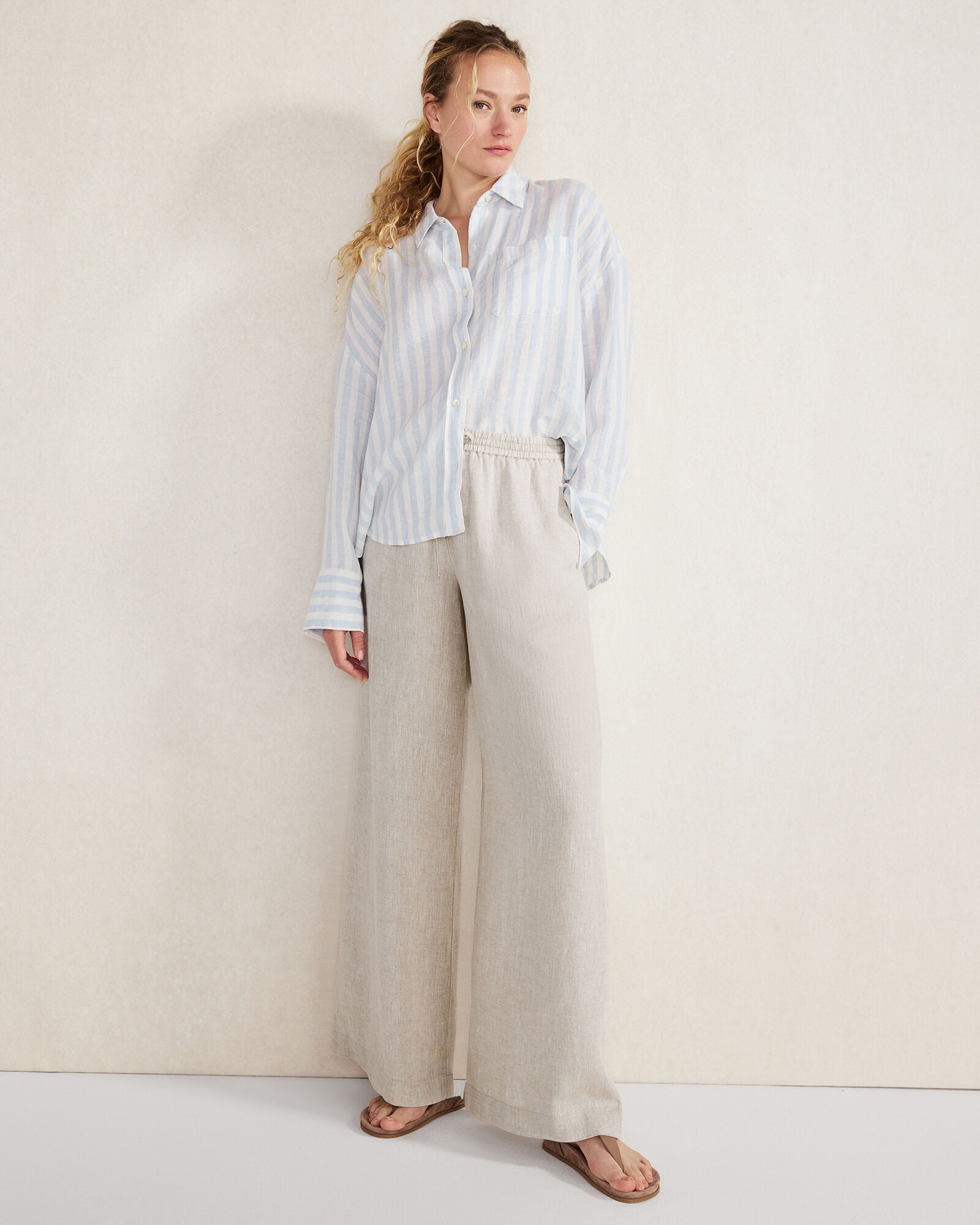 OLIVE/IVORY|WIND/IVORY LINEN STRIPED BOXY SHIRT | Talbots discount