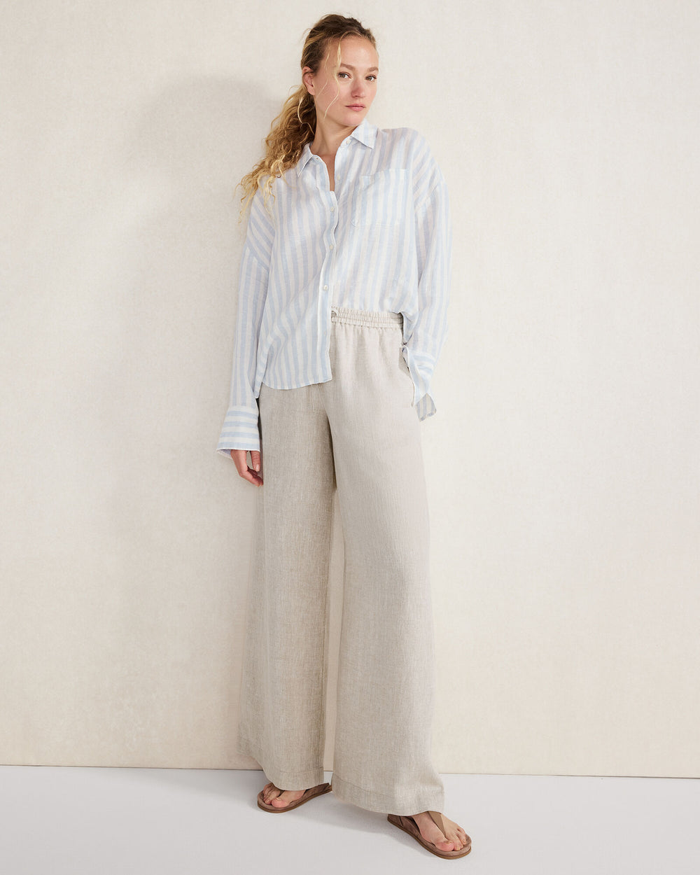 OLIVE/IVORY|WIND/IVORY LINEN STRIPED BOXY SHIRT | Talbots discount