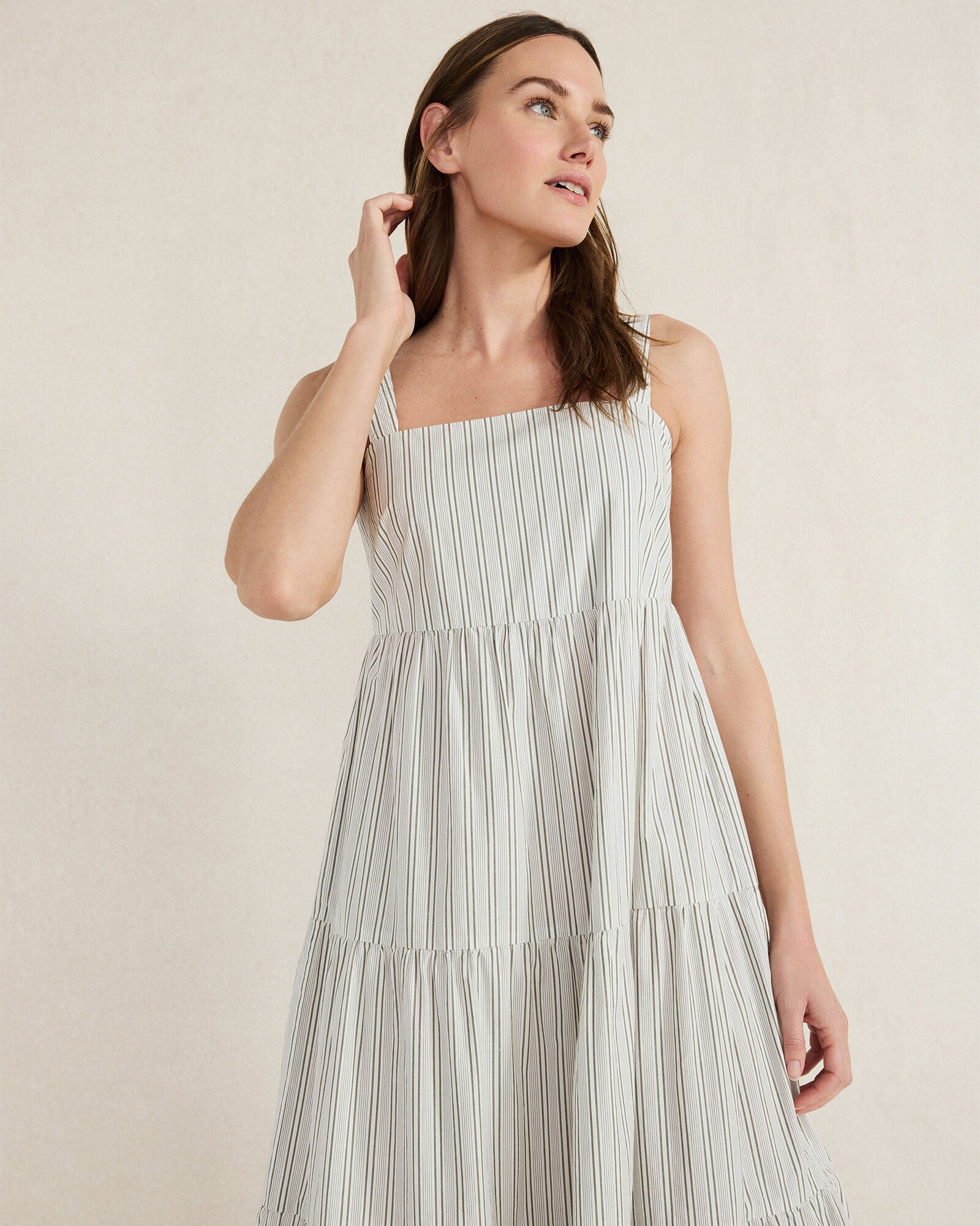 IVORY/OLIVE ORGANIC COTTON POPLIN STRIPED MIDI DRESS | Talbots outlet