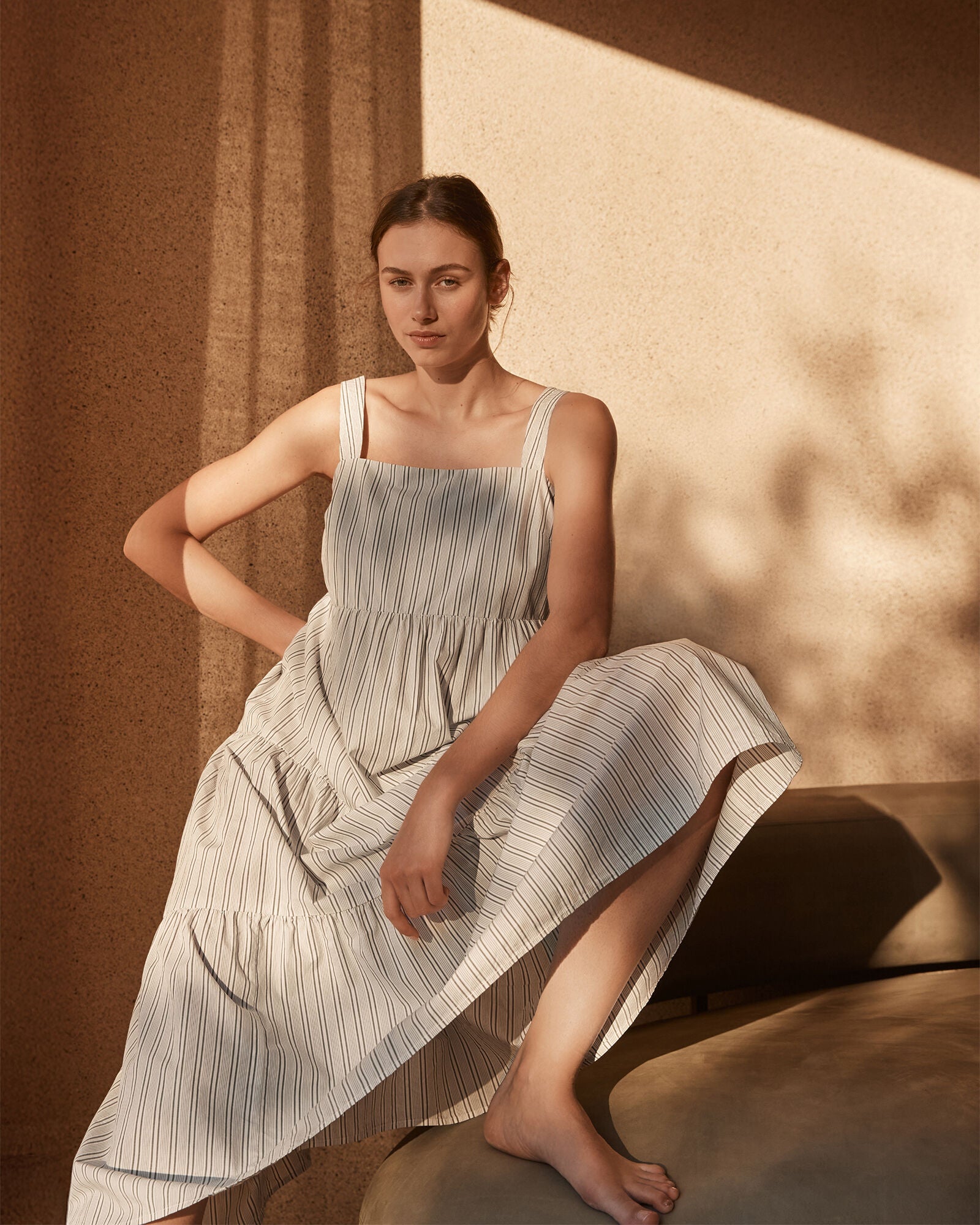 IVORY/OLIVE ORGANIC COTTON POPLIN STRIPED MIDI DRESS | Talbots outlet