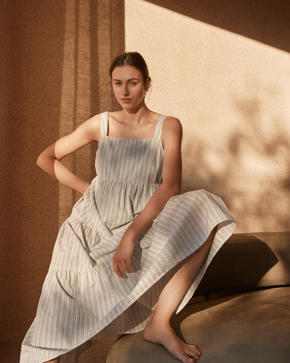 IVORY/OLIVE ORGANIC COTTON POPLIN STRIPED MIDI DRESS | Talbots outlet