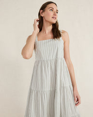 IVORY/OLIVE ORGANIC COTTON POPLIN STRIPED MIDI DRESS | Talbots outlet