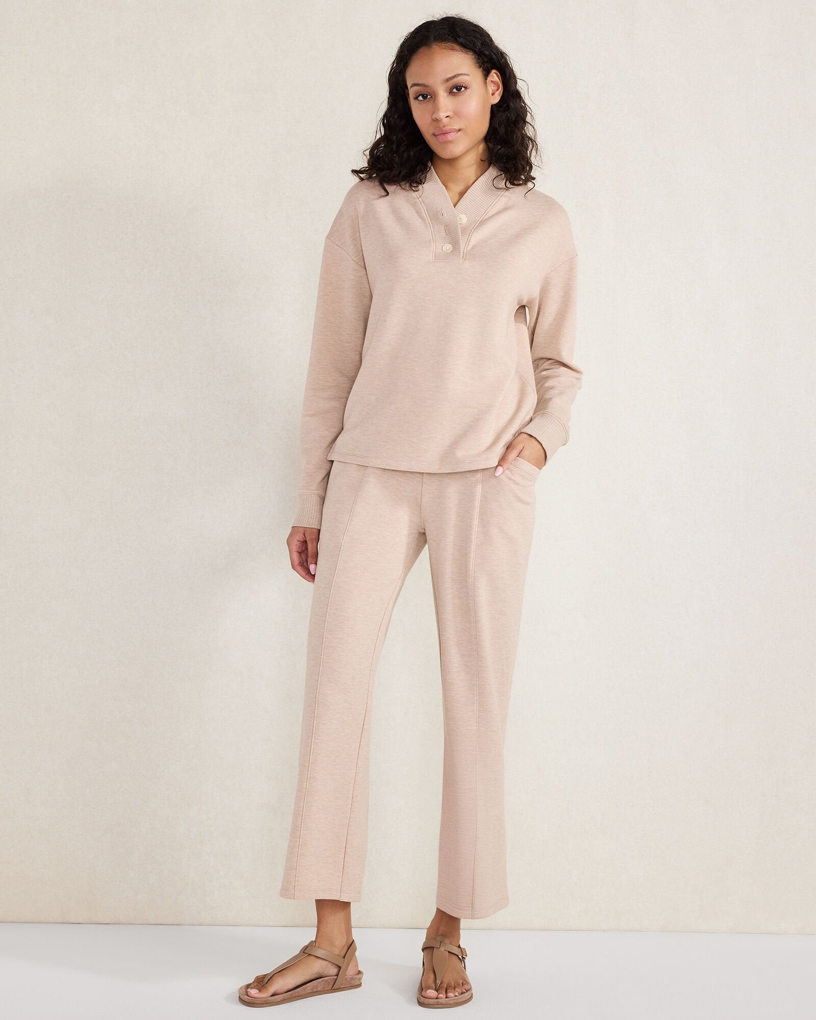 MUTED ADOBE HEATHER FLEECE PINTUCK CROPPED WIDE LEG PANTS | Talbots sale