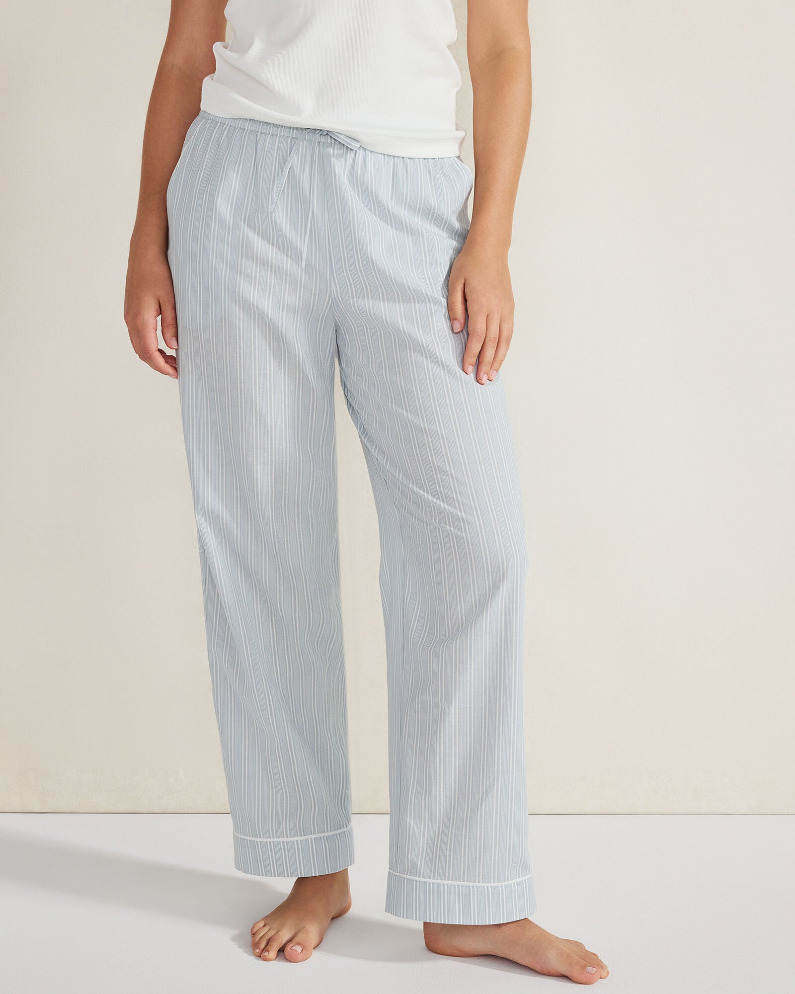 STONE BLUE/GARDENIA ORGANIC COTTON POPLIN STRIPED PAJAMA PANTS | Talbots outlet