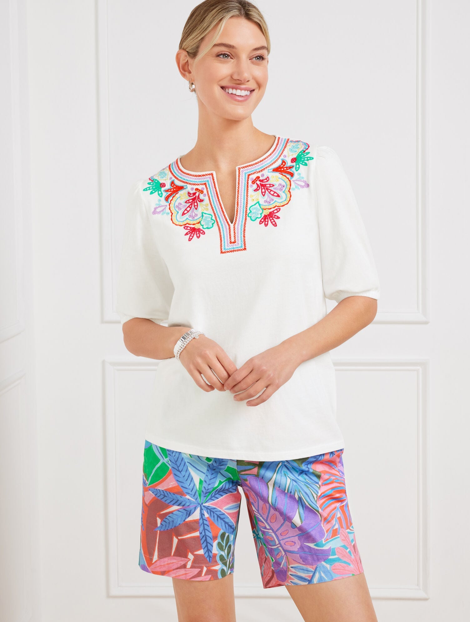 WHITE EMBROIDERED SPLIT NECK TOP | Talbots US