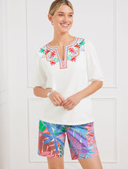 WHITE EMBROIDERED SPLIT NECK TOP | Talbots US