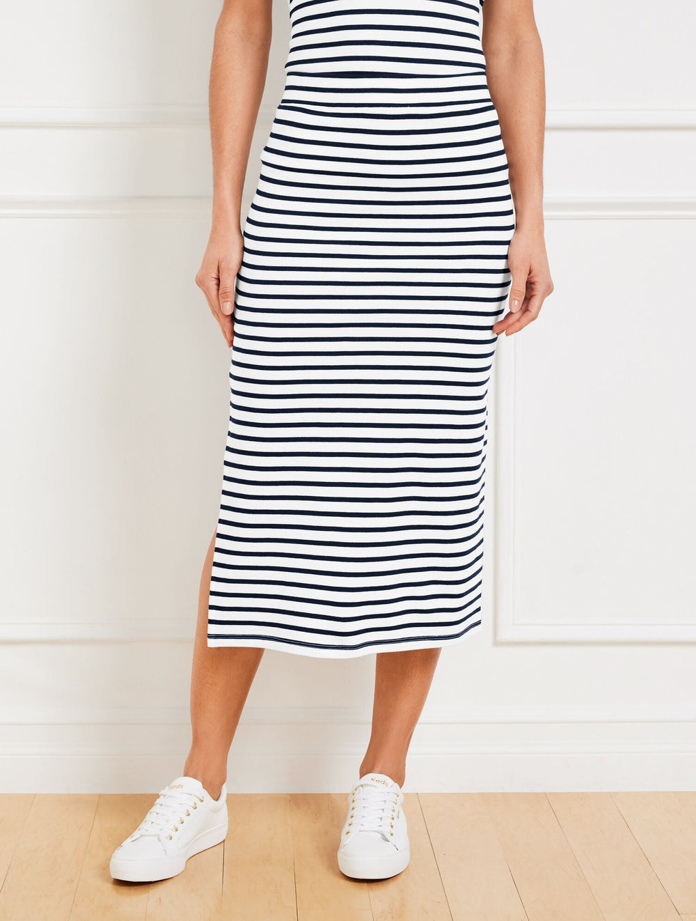 WHITE/INDIGO SEASIDE FRENCH TERRY STRIPE MIDI SKIRT | Talbots sale
