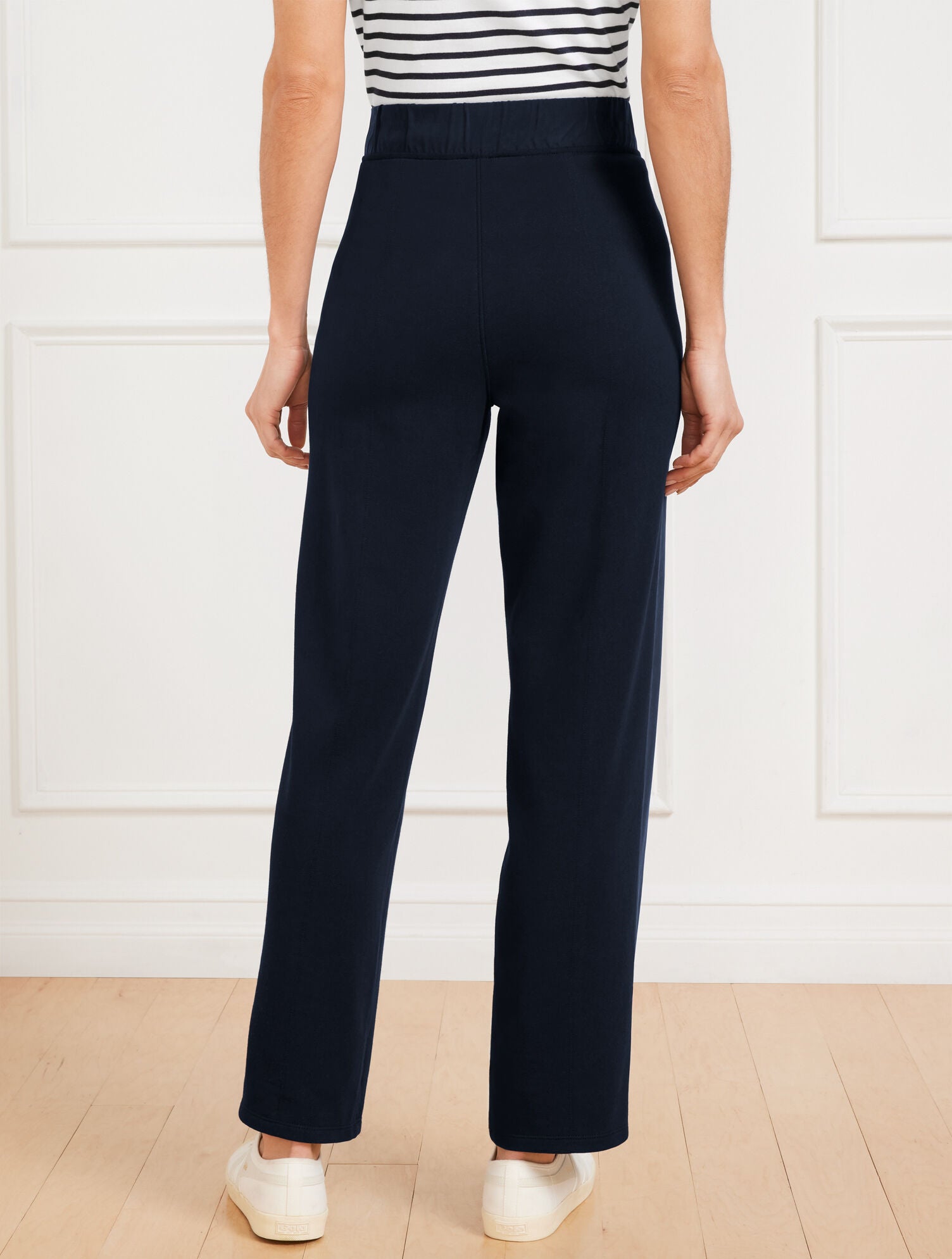INDIGO BLUE|WHITE STRAIGHT LEG SEASIDE FRENCH TERRY PANTS | Talbots online