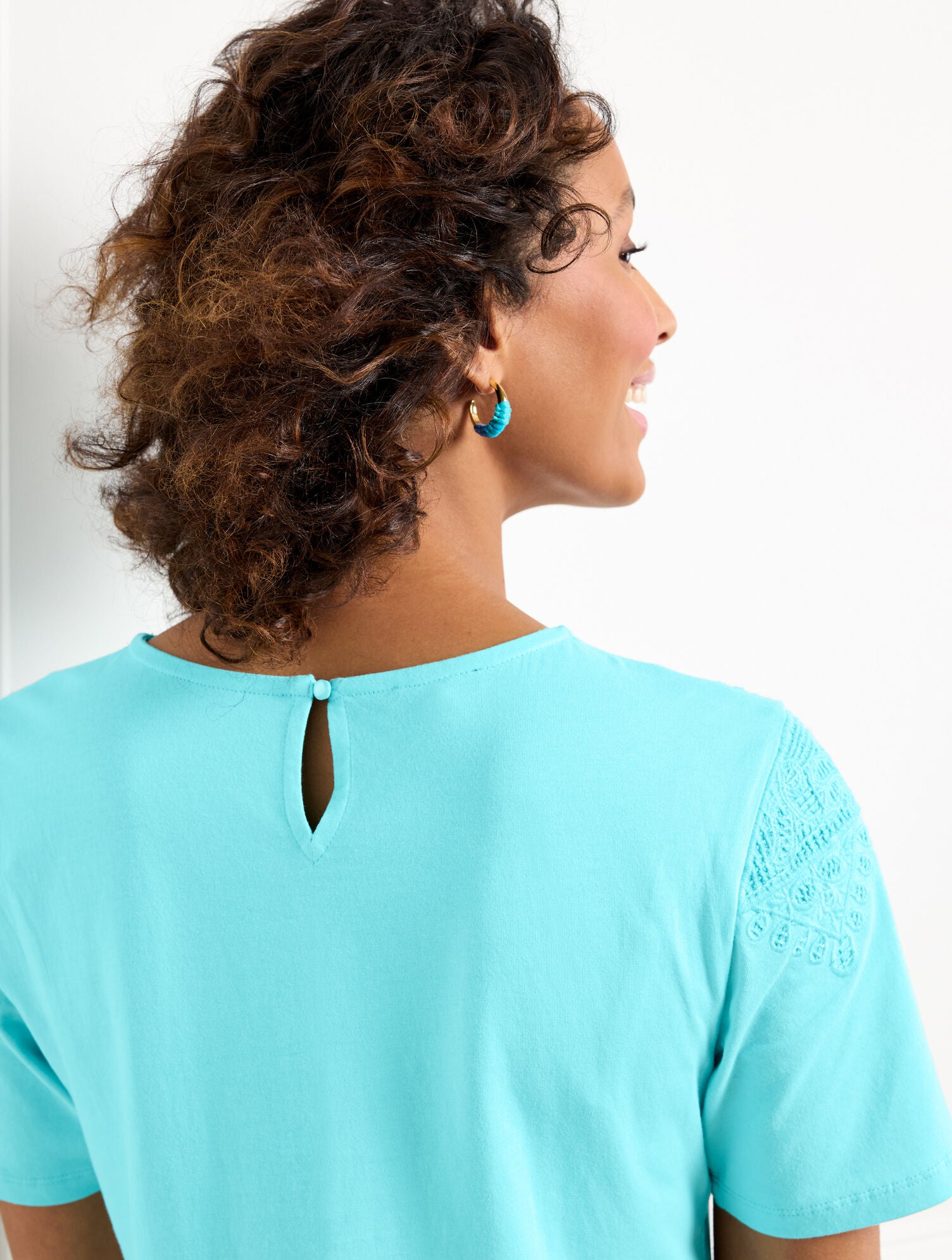 WHITE|VIVID TURQUOISE LACE TRIM CREWNECK TEE | Talbots outlet
