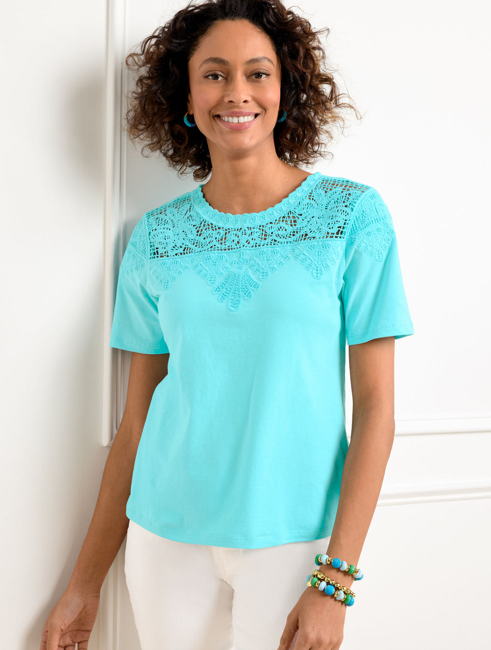 WHITE|VIVID TURQUOISE LACE TRIM CREWNECK TEE | Talbots outlet