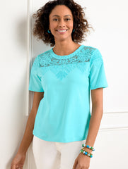 WHITE|VIVID TURQUOISE LACE TRIM CREWNECK TEE | Talbots outlet