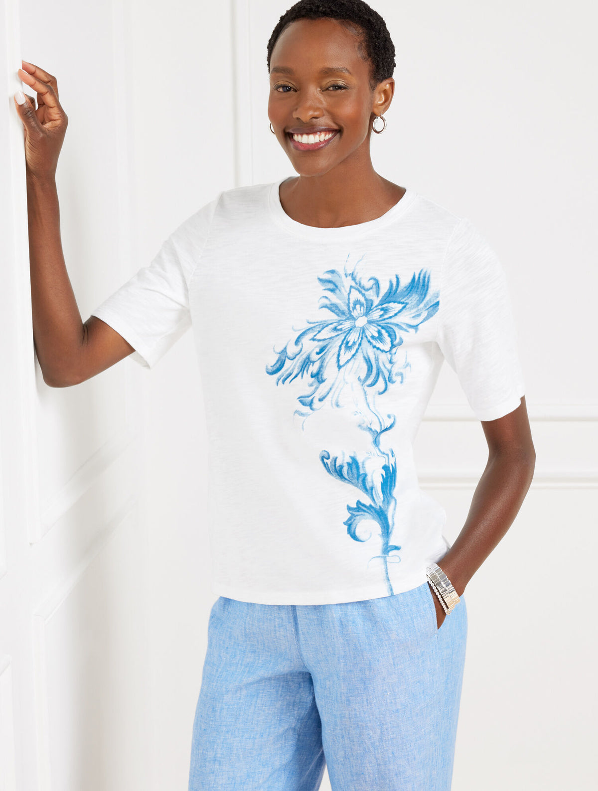 WHITE ELBOW SLEEVE CREWNECK TEE - OCEAN FLORA | Talbots on sale