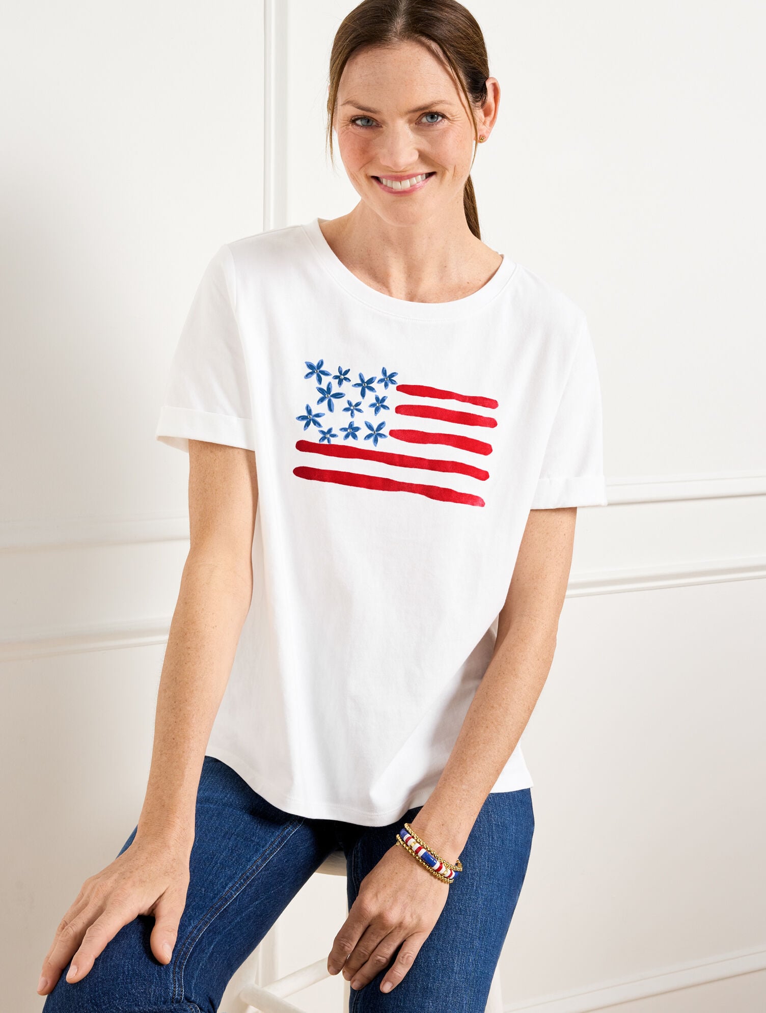 WHITE HIGH-LOW CREWNECK TEE - FLAG | Talbots sale