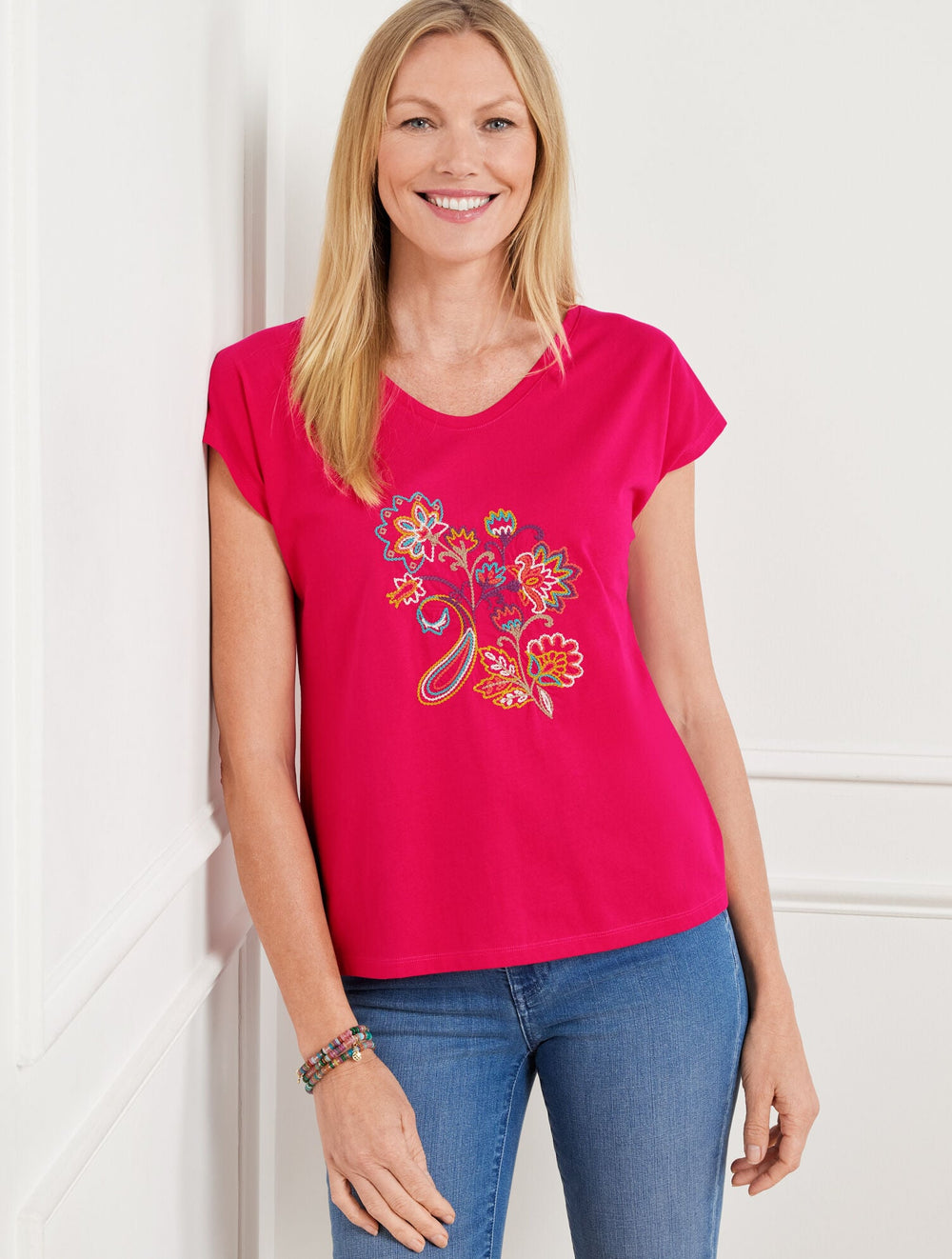 BRIGHT ROSE FLORAL SHORT SLEEVE TEE | Talbots for sale