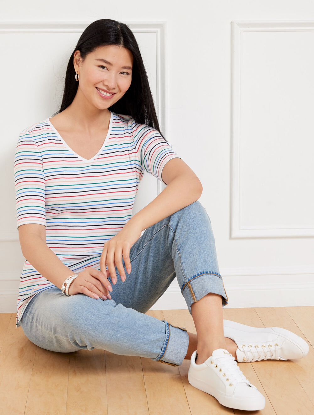 WHITE/HOT CORAL MULTI|WHITE/RED POP MULTI ELBOW SLEEVE V-NECK TEE - MARGOT STRIPE | Talbots discount