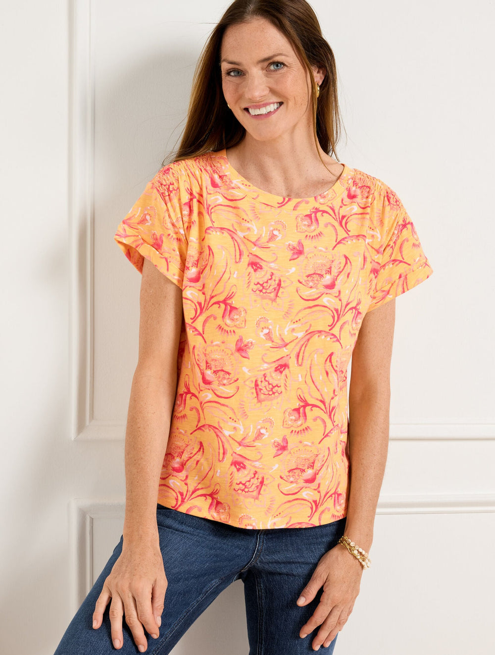 CORN SILK MULTI SMOCKED SHOULDER CREWNECK TEE - JACOBEAN FANTASIA | Talbots for sale