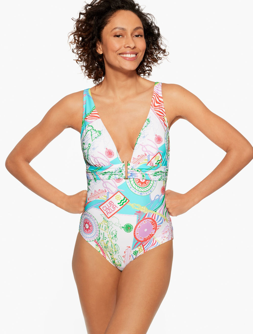 VIVID TURQUOISE MULTI AQUA CLUB V-NECK ONE-PIECE SWIMSUIT - CÔTE D’AZUR | Talbots outlet