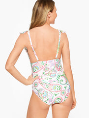 WHITE MULTI AQUA CLUB RUFFLE V-NECK ONE-PIECE SWIMSUIT - ISLAND PAISLEY | Talbots outlet