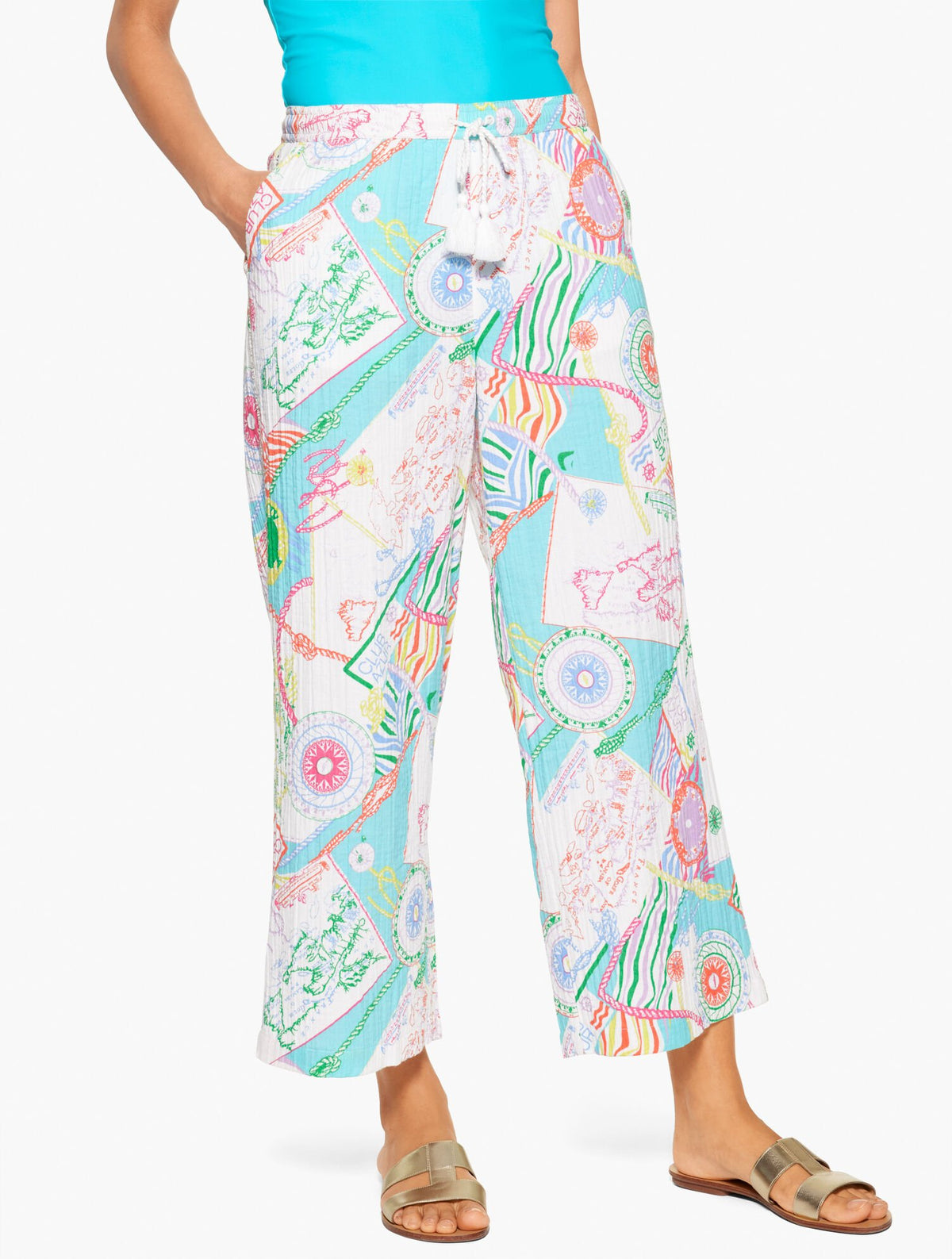 VIVID TURQUOISE MULTI AQUA CLUB GAUZE PANT COVER-UP - CÔTE D'AZUR | Talbots discount