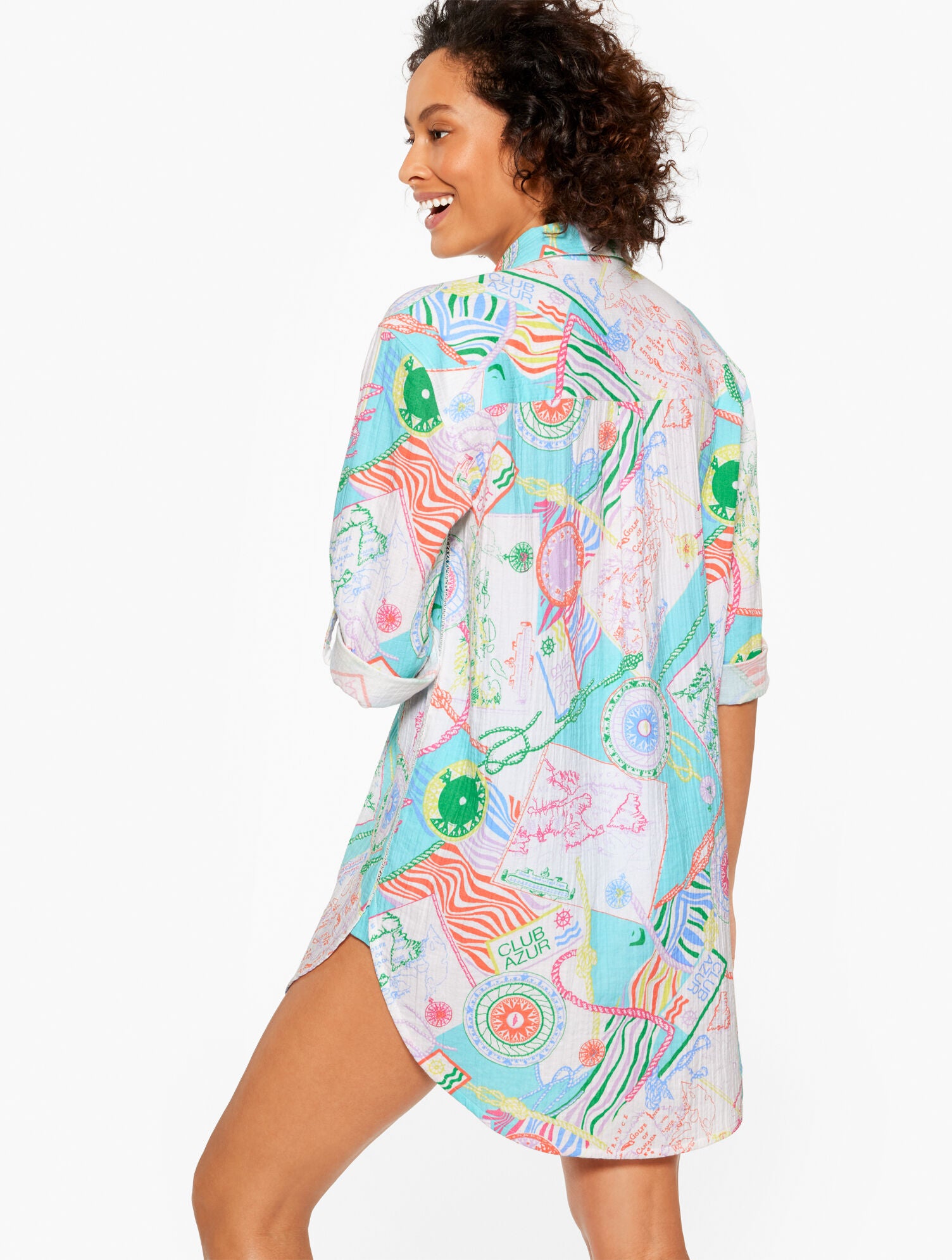 VIVID TURQUOISE MULTI AQUA CLUB GAUZE SHIRT COVER-UP - CÔTE D'AZUR | Talbots for sale