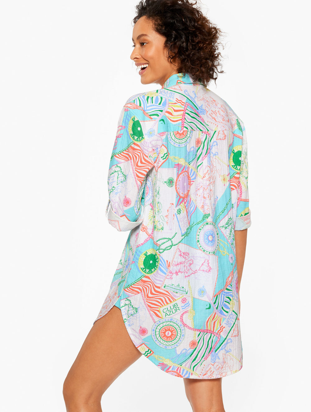 VIVID TURQUOISE MULTI AQUA CLUB GAUZE SHIRT COVER-UP - CÔTE D'AZUR | Talbots for sale