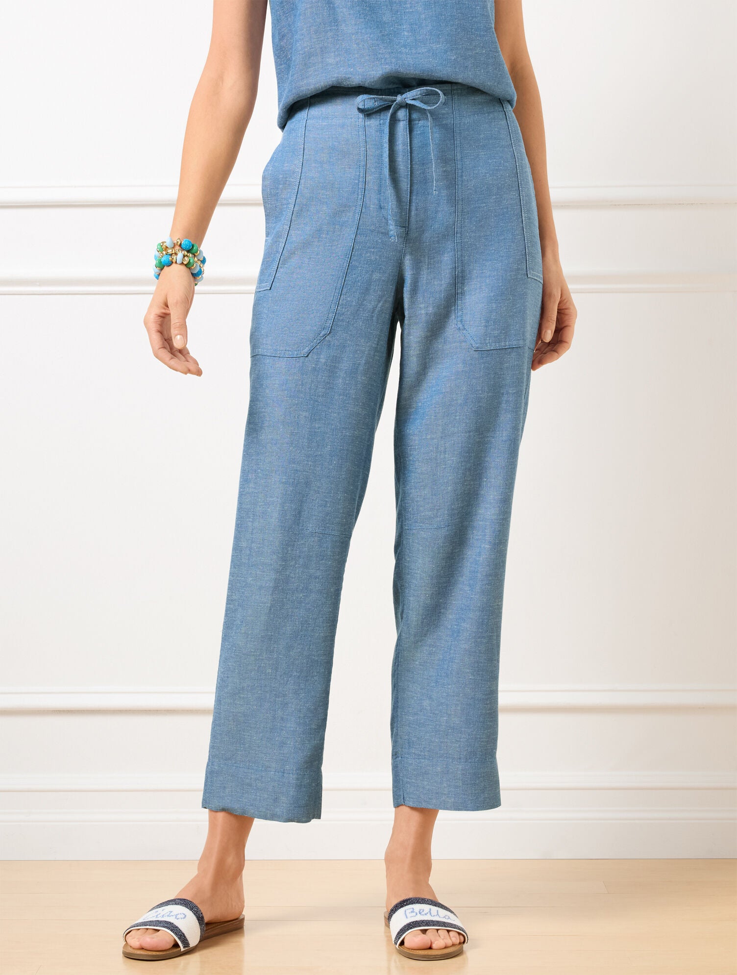 BLUE/WHITE|BURNT OLIVE/SAGEBRUSH STRAIGHT CROP DRAWSTRING PANTS | Talbots for sale
