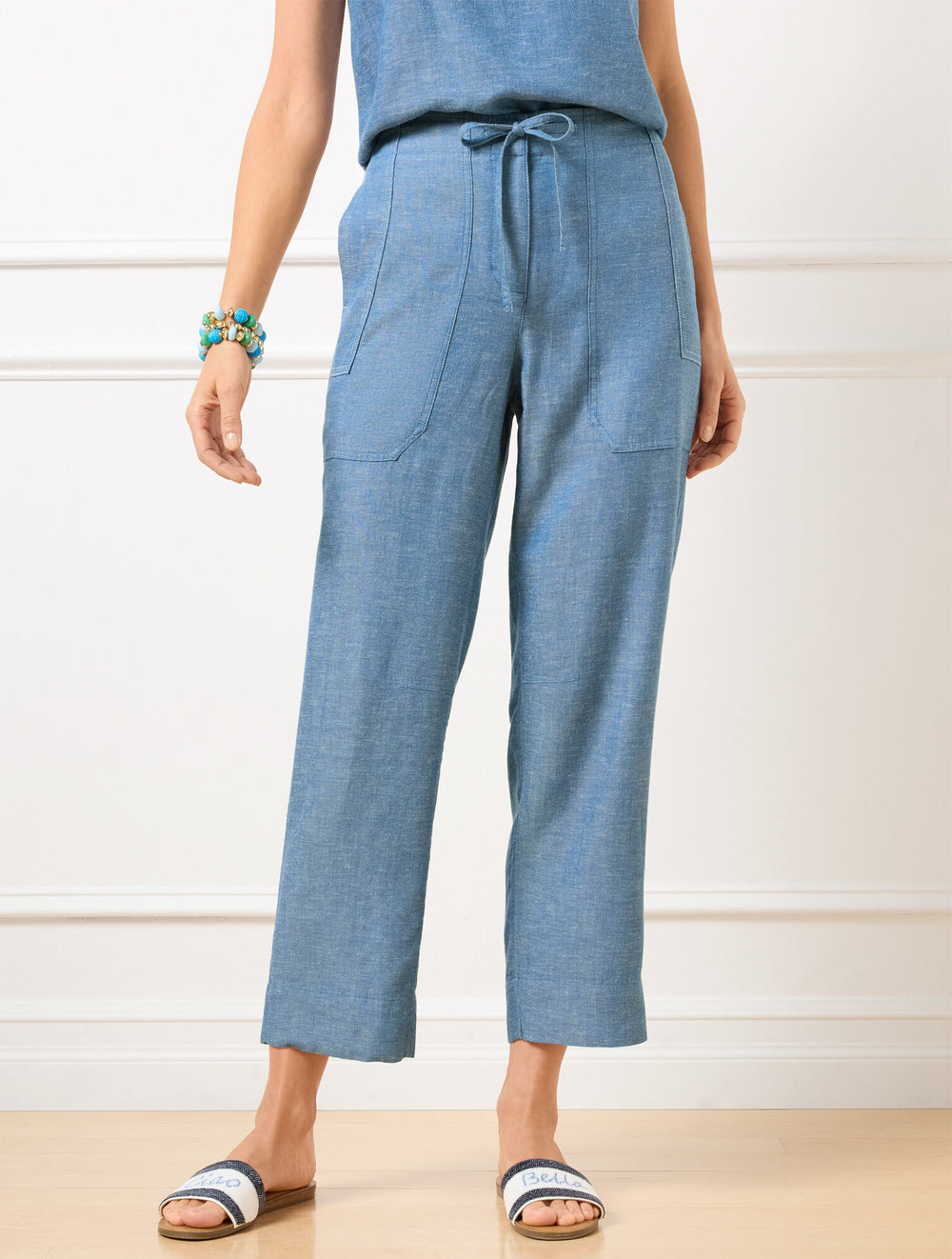 BLUE/WHITE|BURNT OLIVE/SAGEBRUSH STRAIGHT CROP DRAWSTRING PANTS | Talbots for sale