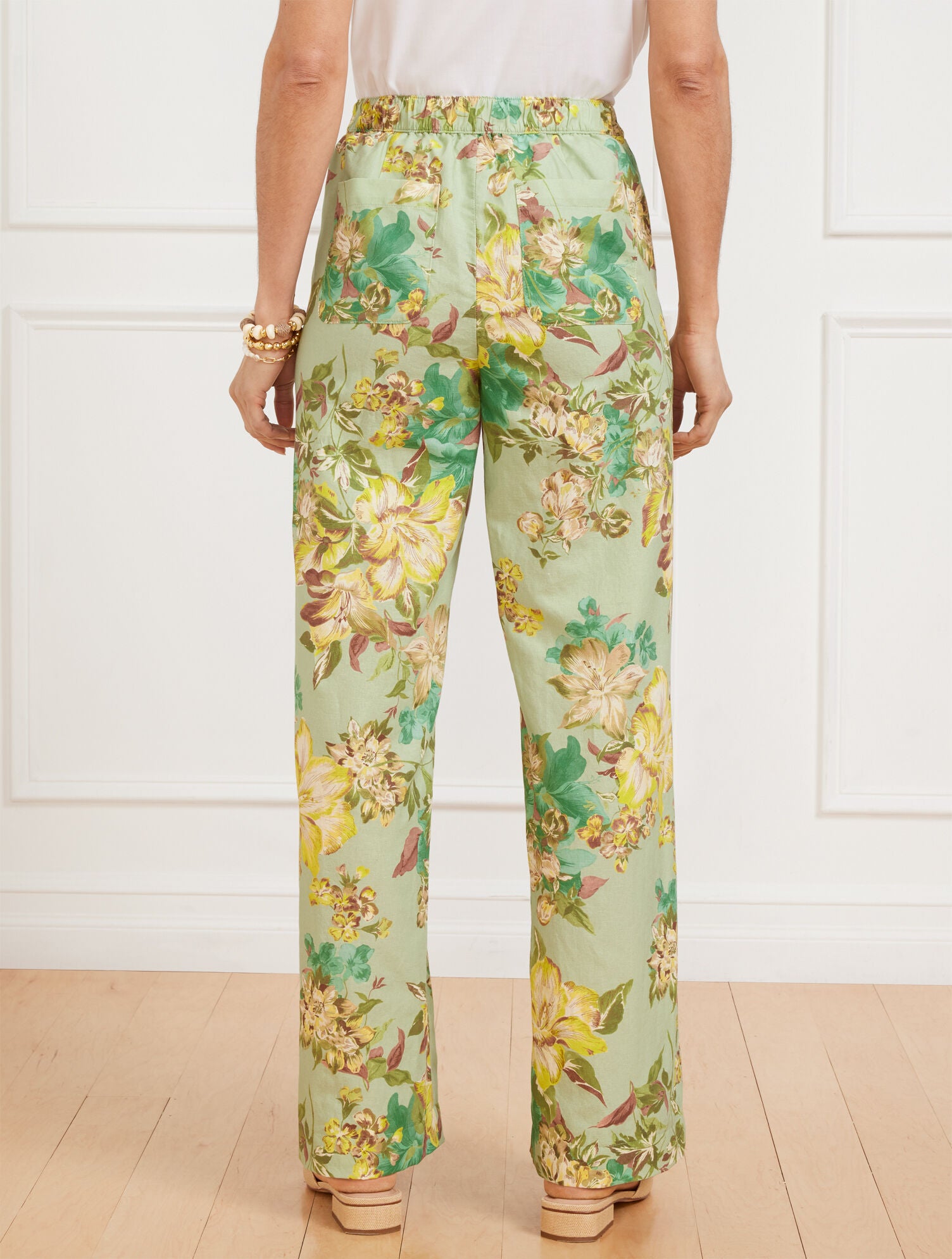 GREEN MULTI WIDE LEG WASHED LINEN PANTS - DYNAMIC FLORAL | Talbots on sale