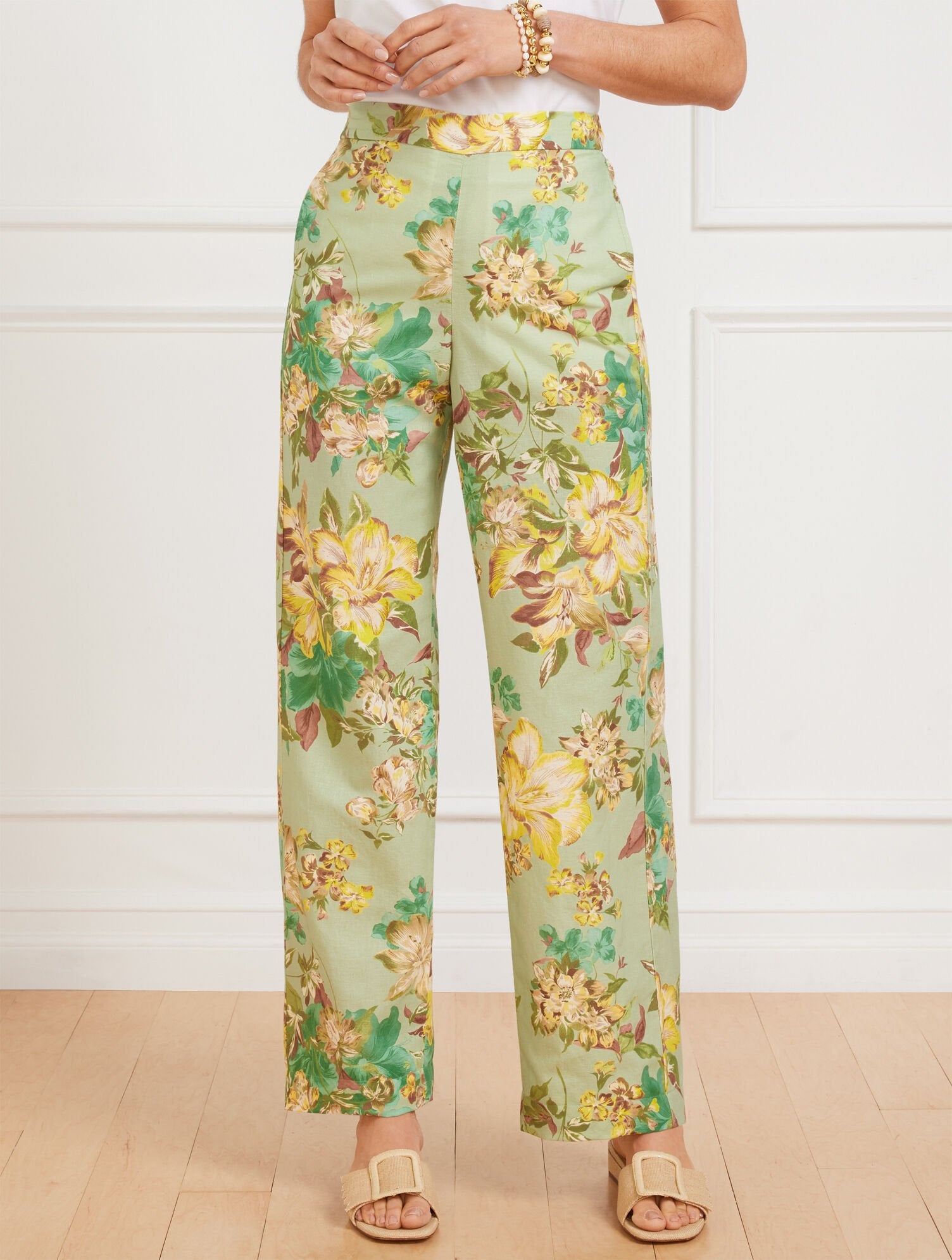 GREEN MULTI WIDE LEG WASHED LINEN PANTS - DYNAMIC FLORAL | Talbots on sale
