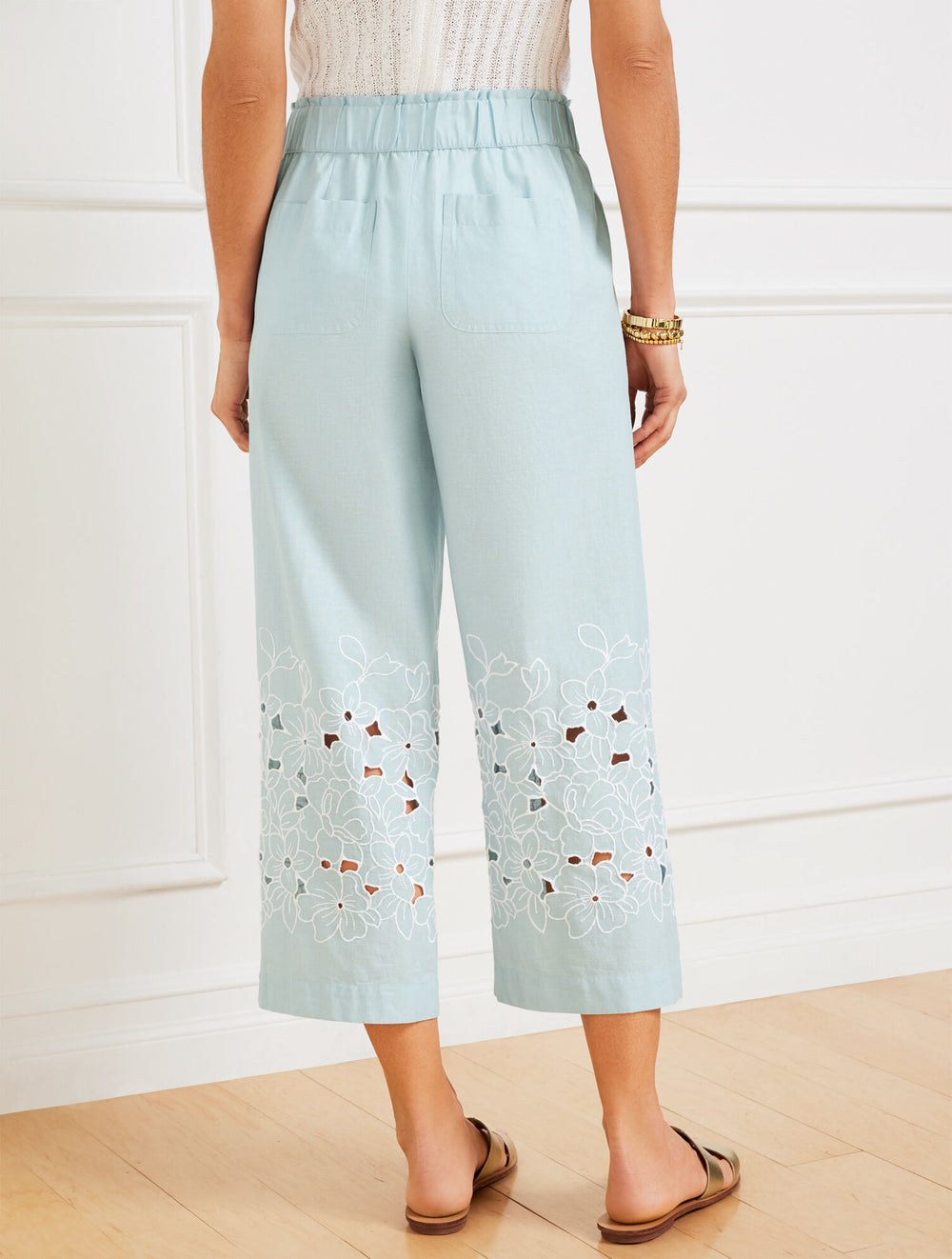 SOFT BLUE WIDE CROP PULL-ON EMBROIDERED WASHED LINEN PANTS | Talbots for sale