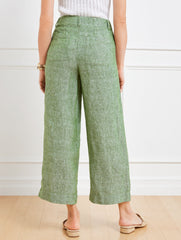 OLIVE GROVE/WHITE|FLAX WIDE CROP PATCH POCKET WASHED LINEN PANTS | Talbots sale