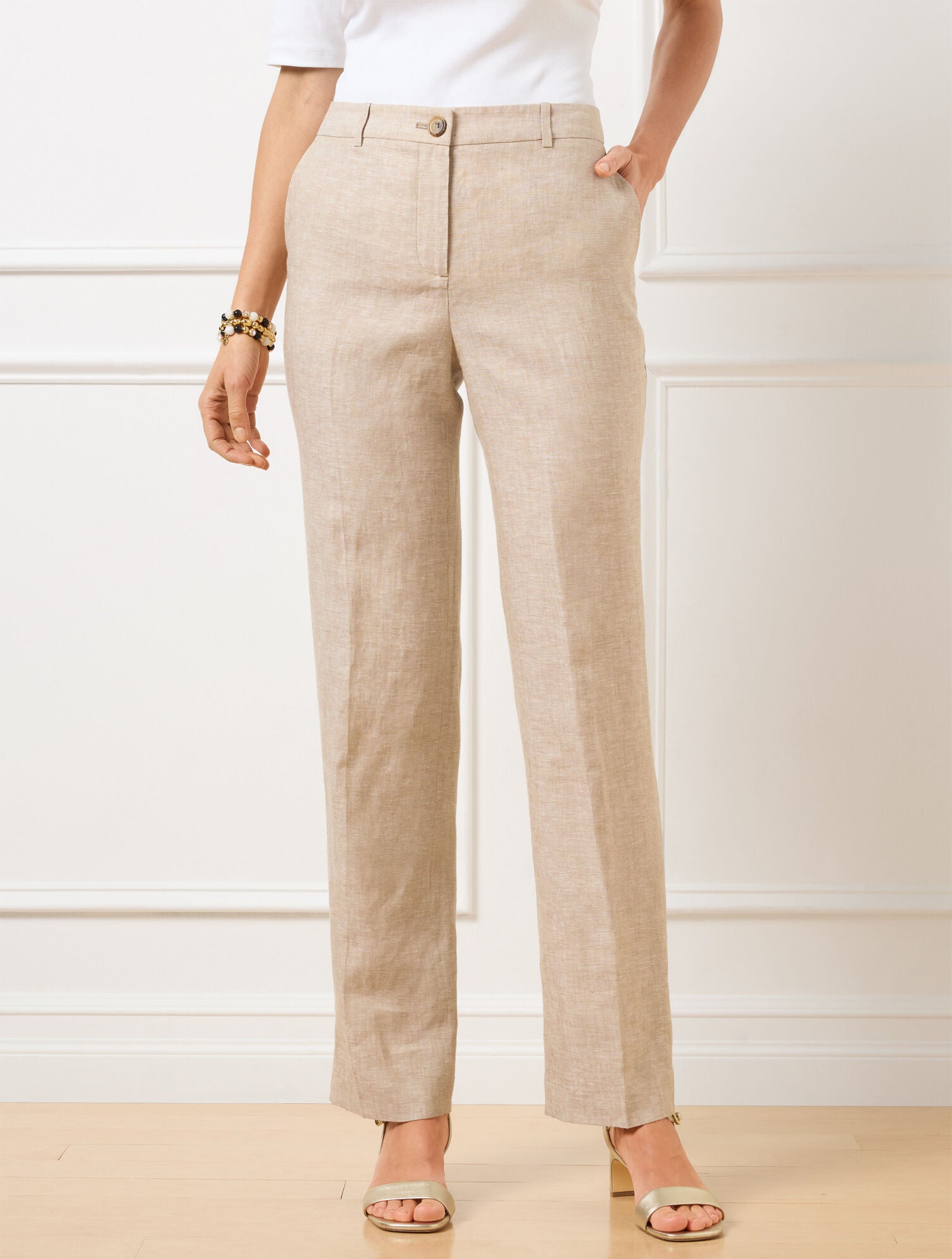 BLUE MAJESTY|TAUPE/WHITE TALBOTS SOUTHAMPTON STRAIGHT LEG LINEN PANTS | Talbots on sale