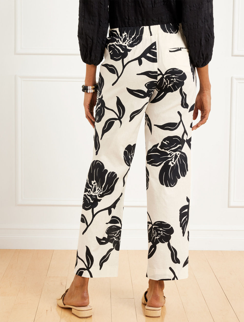 IVORY/BLACK STRAIGHT ANKLE PULL-ON WASHED LINEN PANTS - STUNNING BLOOMS | Talbots discount
