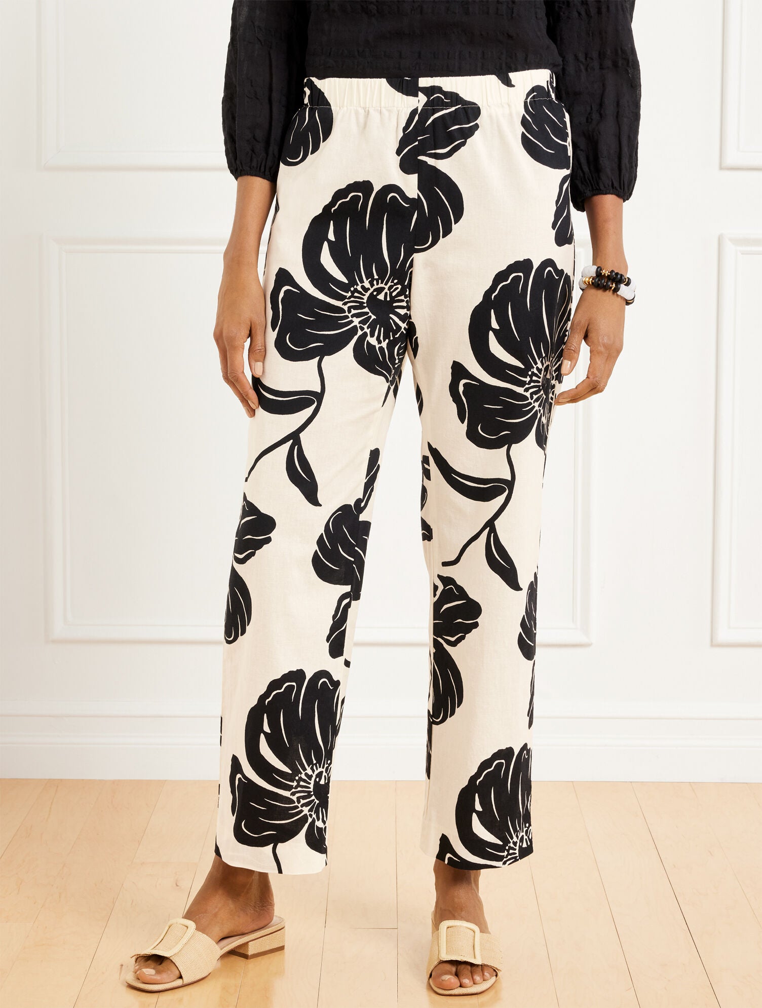 IVORY/BLACK STRAIGHT ANKLE PULL-ON WASHED LINEN PANTS - STUNNING BLOOMS | Talbots discount
