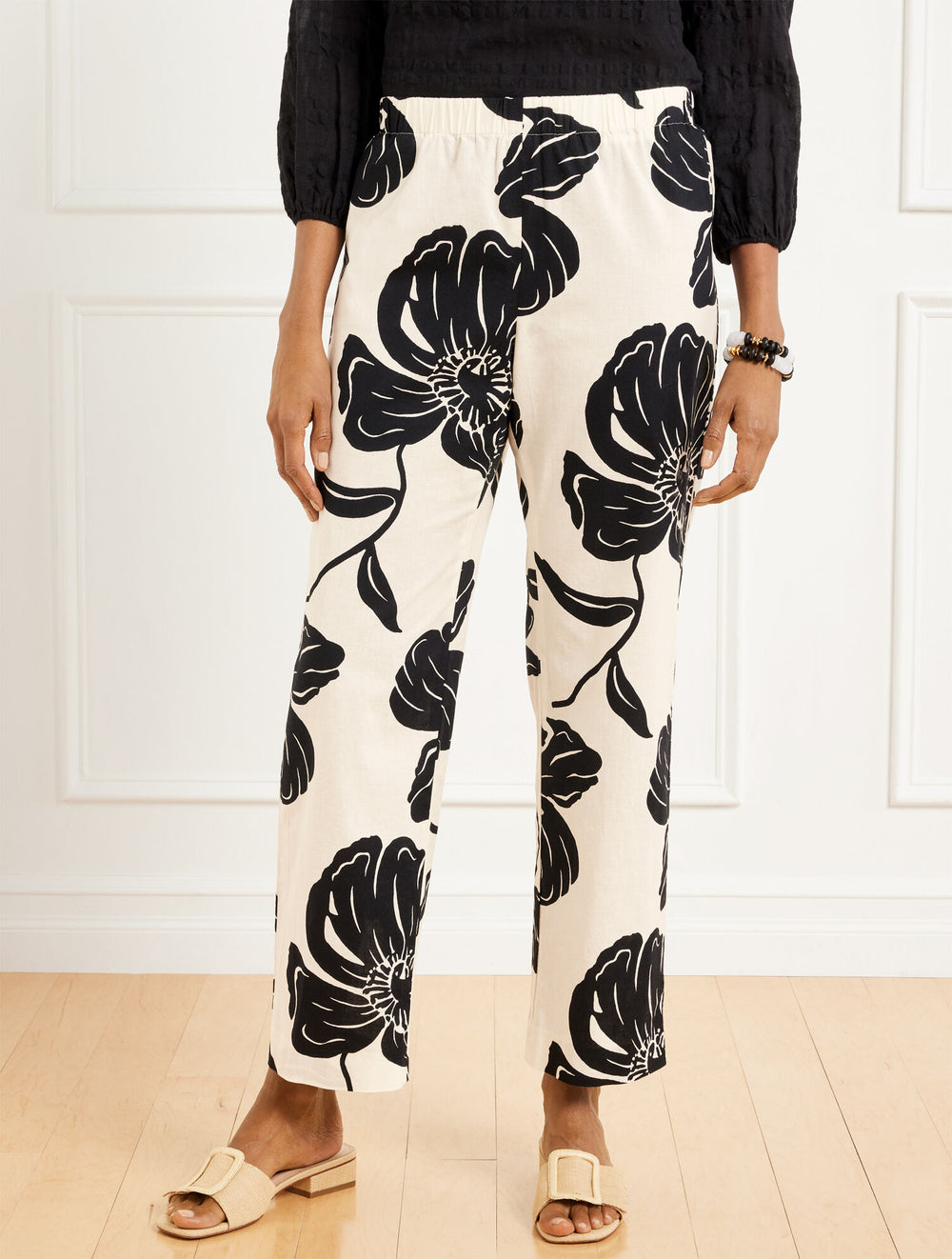IVORY/BLACK STRAIGHT ANKLE PULL-ON WASHED LINEN PANTS - STUNNING BLOOMS | Talbots discount