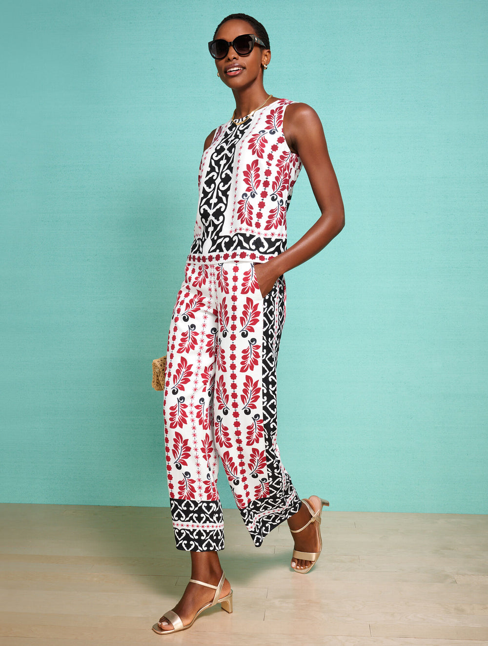 WHITE/BLACK MULTI WIDE CROP PULL-ON PANTS - GEOMETRIC PALM | Talbots sale