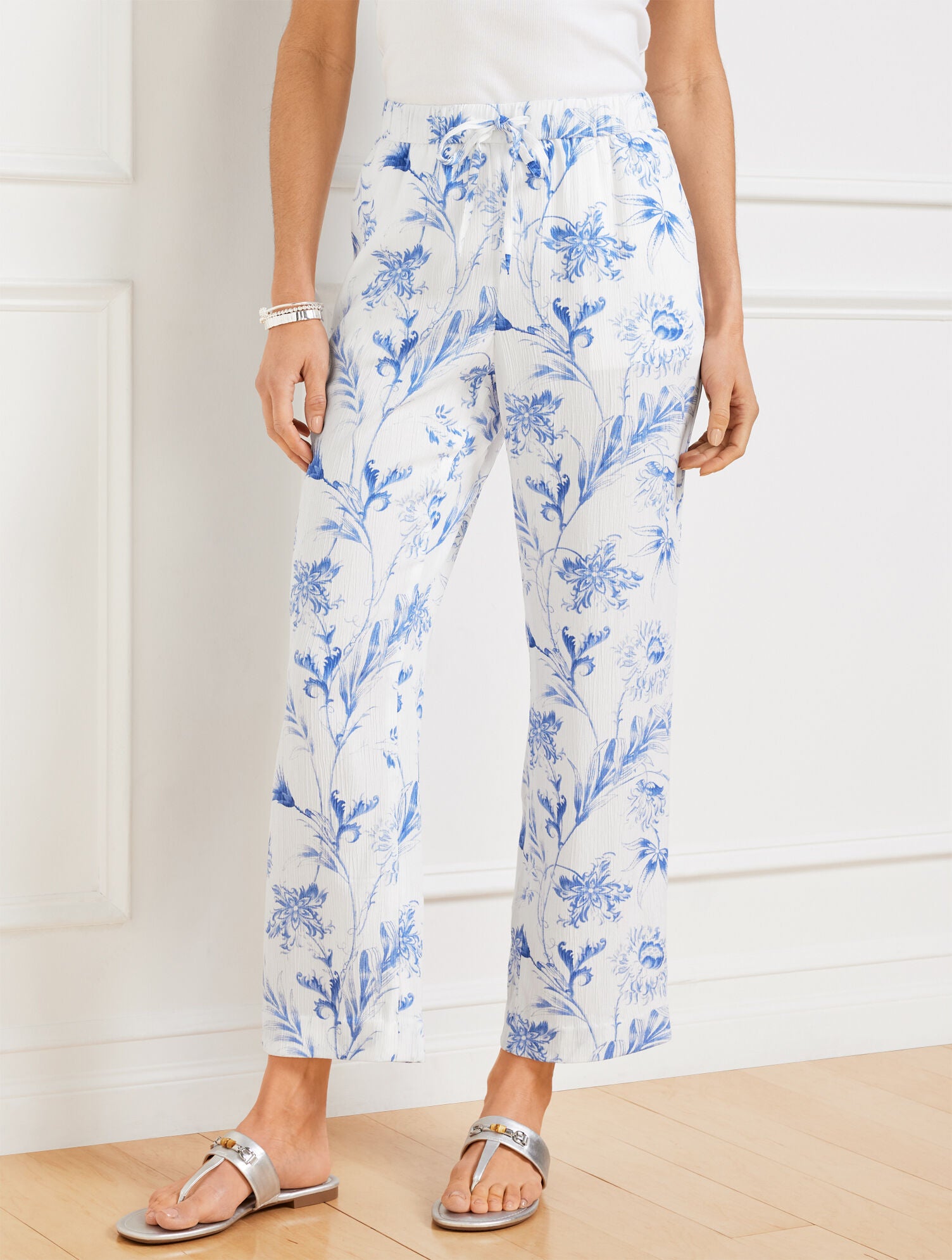 WHITE/BLUE WAVE STRAIGHT ANKLE PANTS - OCEAN FLORA | Talbots US