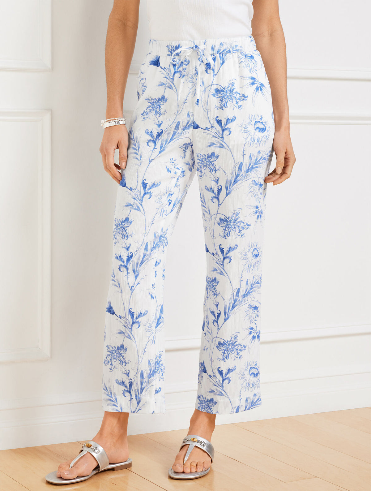 WHITE/BLUE WAVE STRAIGHT ANKLE PANTS - OCEAN FLORA | Talbots US