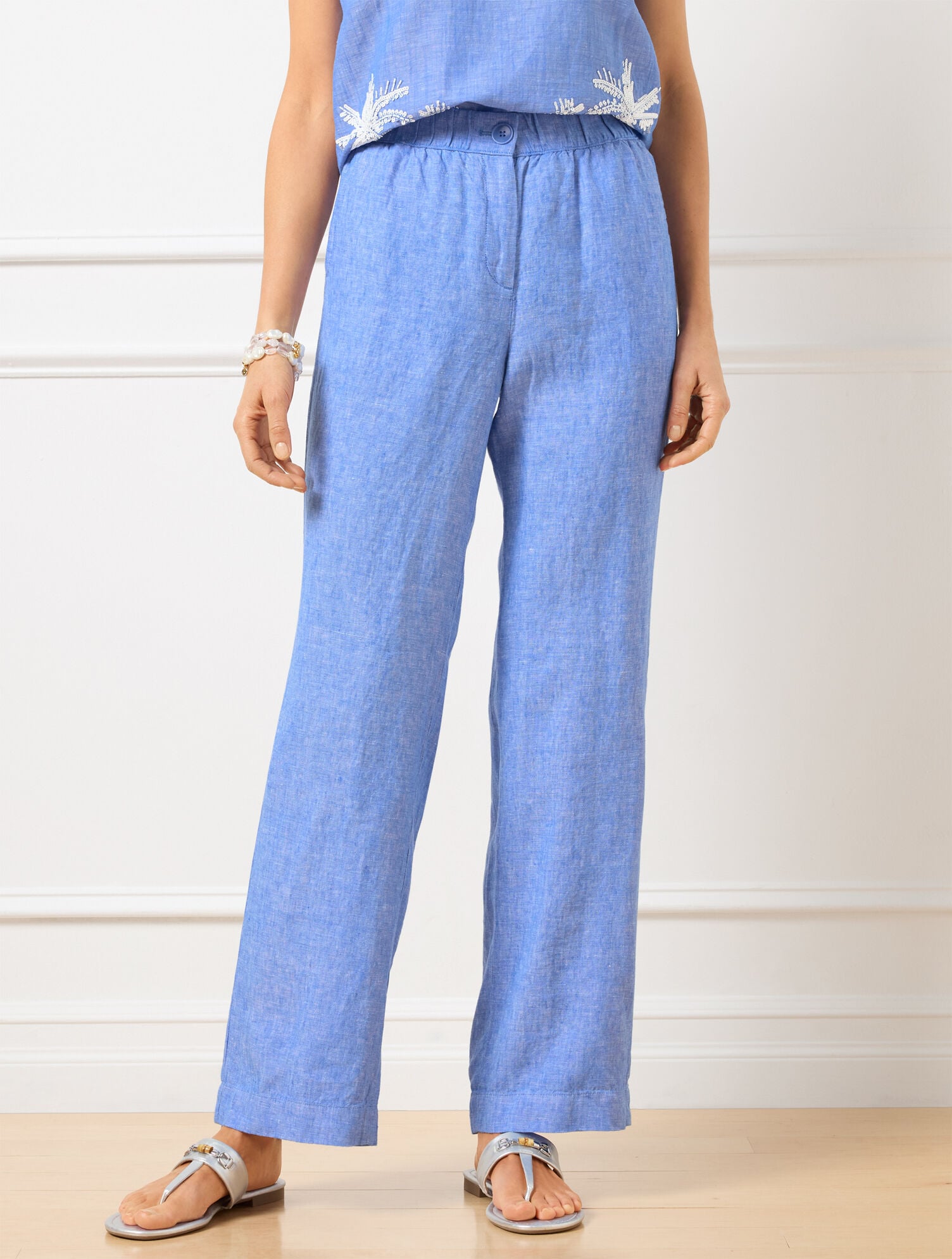 BEIGE/WHITE|MAJESTY BLUE/WHITE WIDE LEG WASHED LINEN PANTS - CROSS-DYED | Talbots outlet