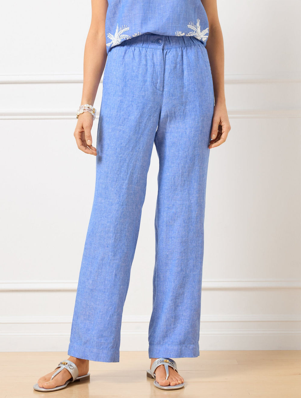 BEIGE/WHITE|MAJESTY BLUE/WHITE WIDE LEG WASHED LINEN PANTS - CROSS-DYED | Talbots outlet