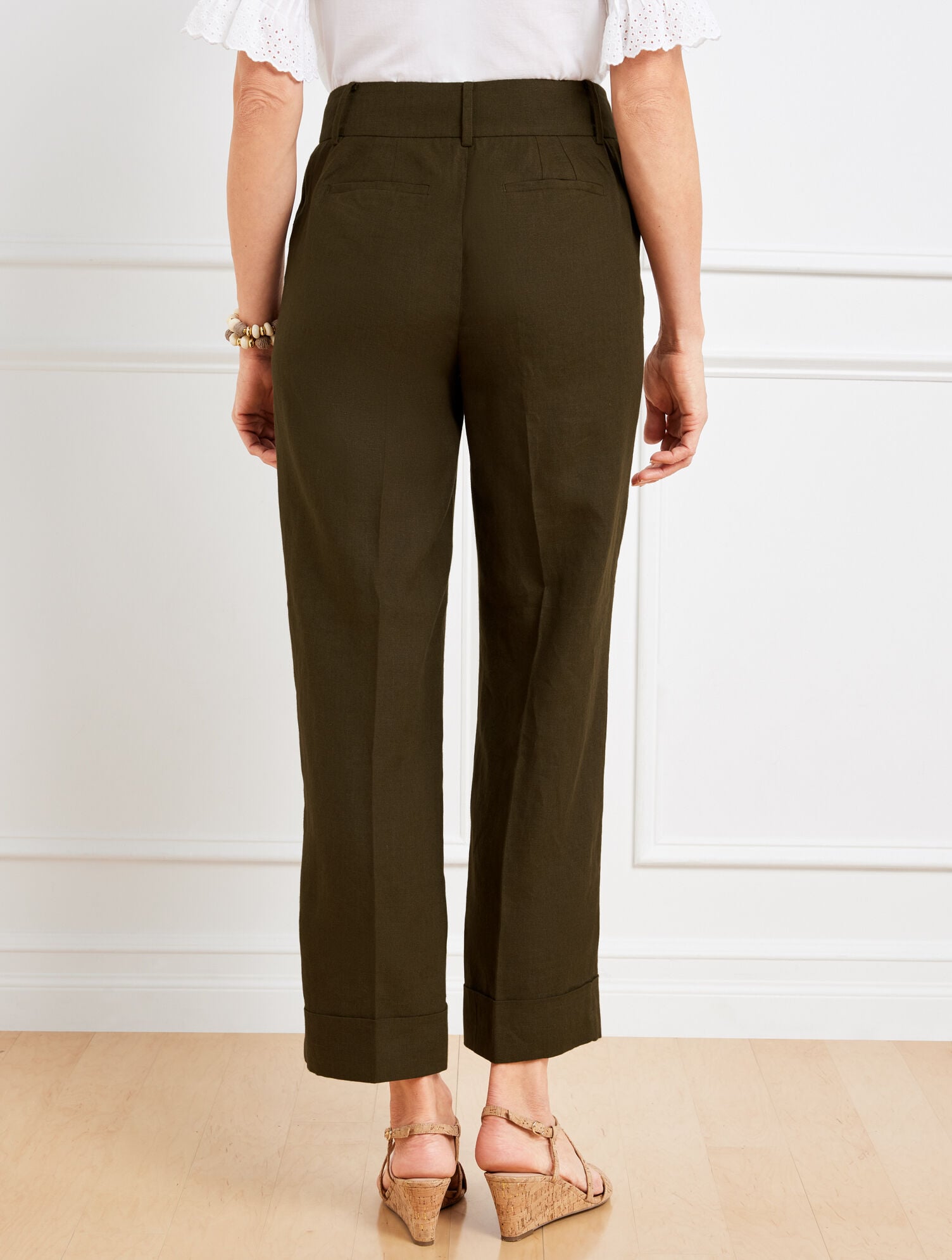 BLACK|DARK WALNUT|DEEP MOSS SLIM WIDE ANKLE CUFF LINEN PANTS | Talbots for sale